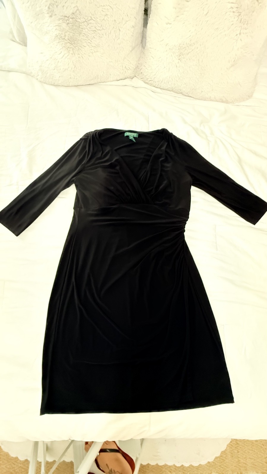 Lauren Ralph Lauren Black Faux Wrap Dress Sz 16W 3/4 Sleeve Ruched Knit