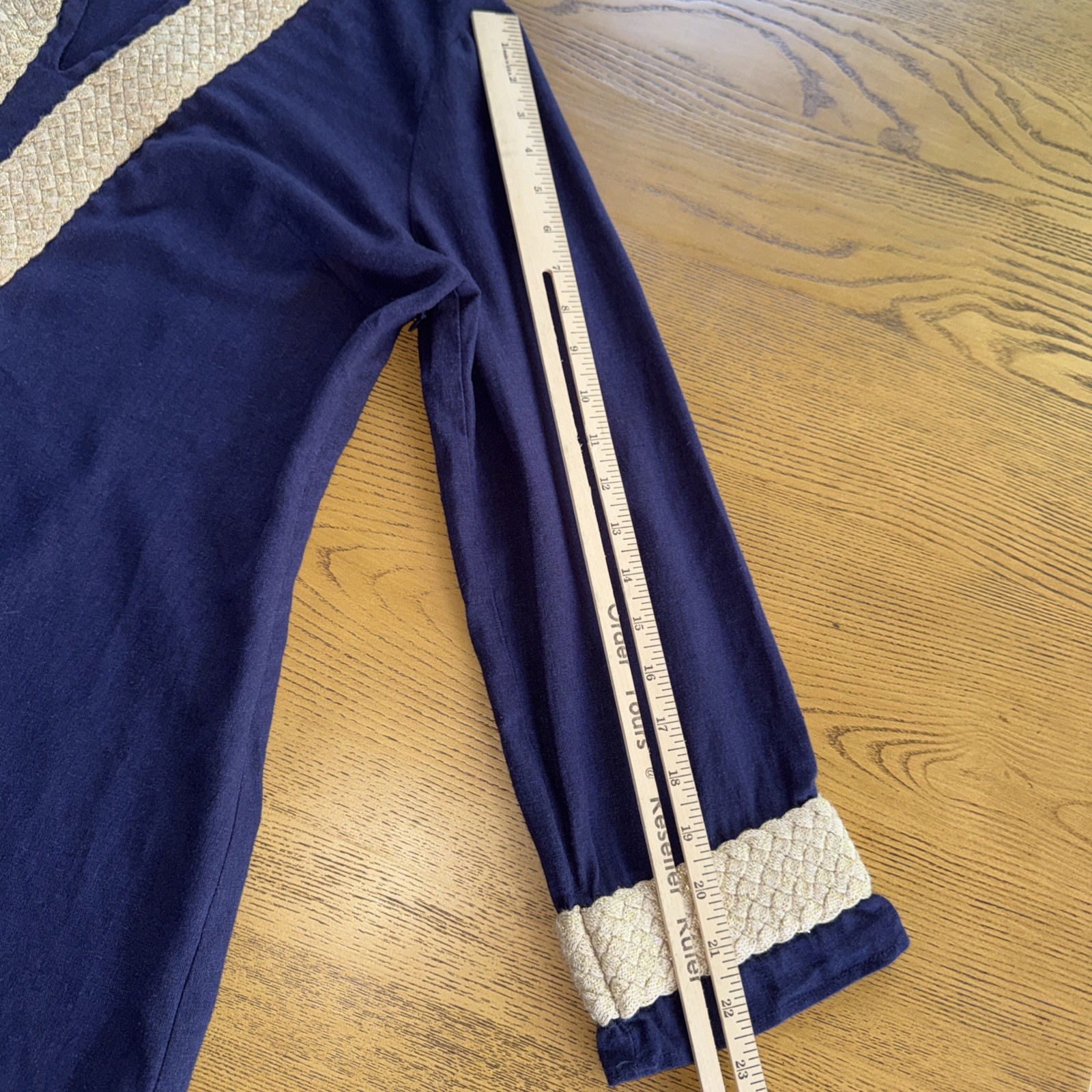 Sail to Sable Navy Blue linen Gold Embroidered Collar Cuff Tunic Dress Sz L EUC