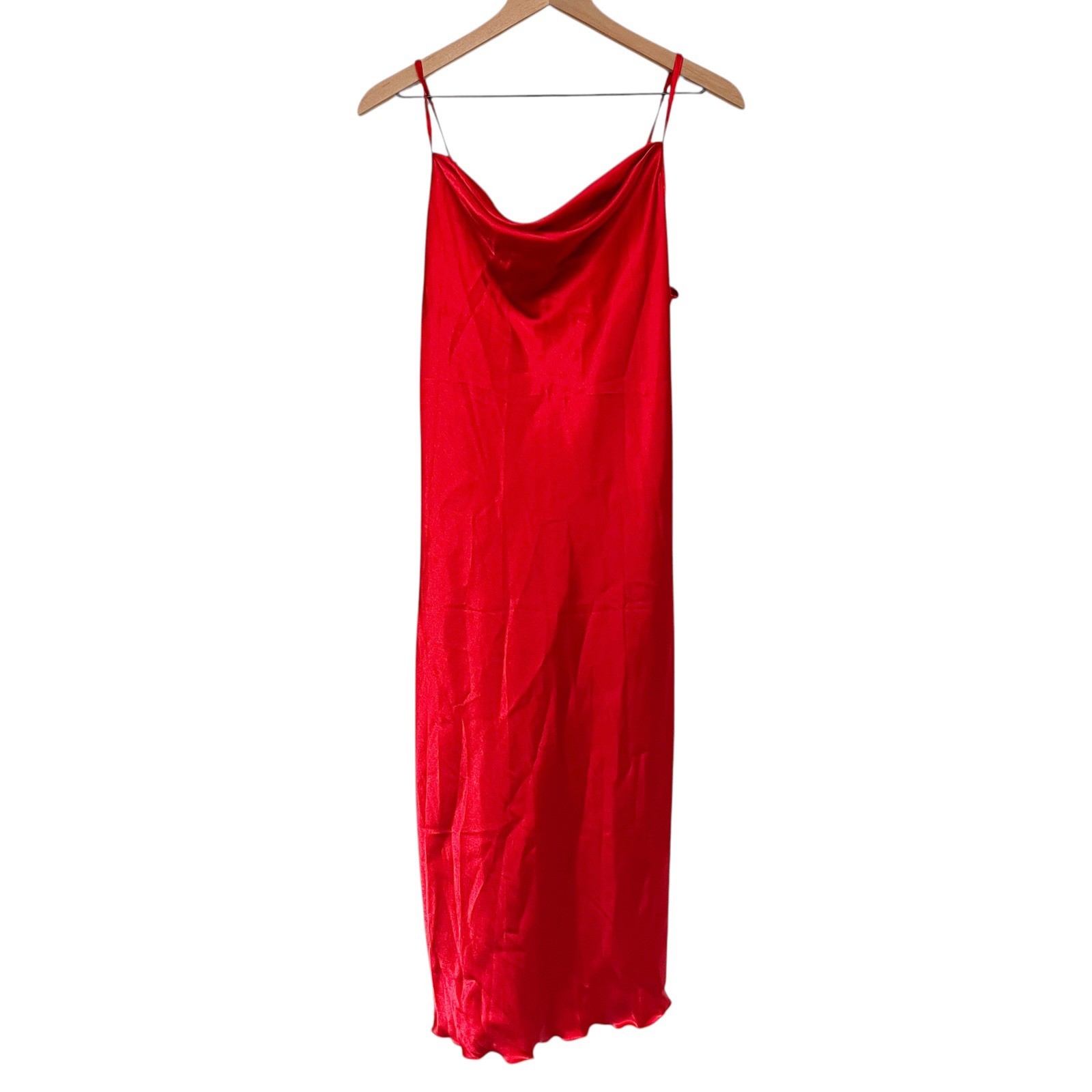 BEBE NWT Red Satin Midi Slip Dress Size M Draped Bust Y2K Romantic Dainty Fairy