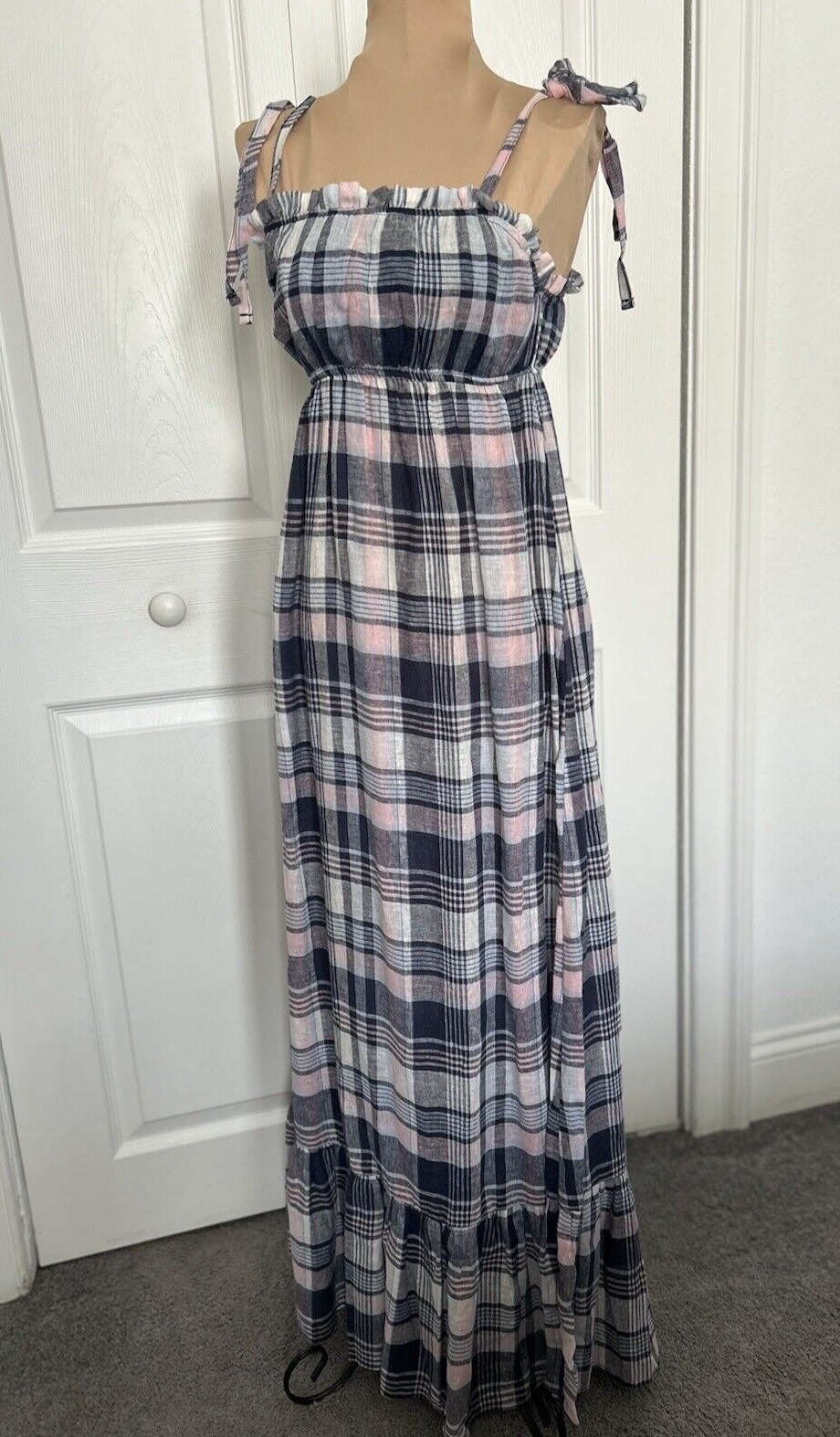 AQUA Navy Pink Plaid Tiered Hem Shoulder Tie Summer Maxi Dress Size=Various