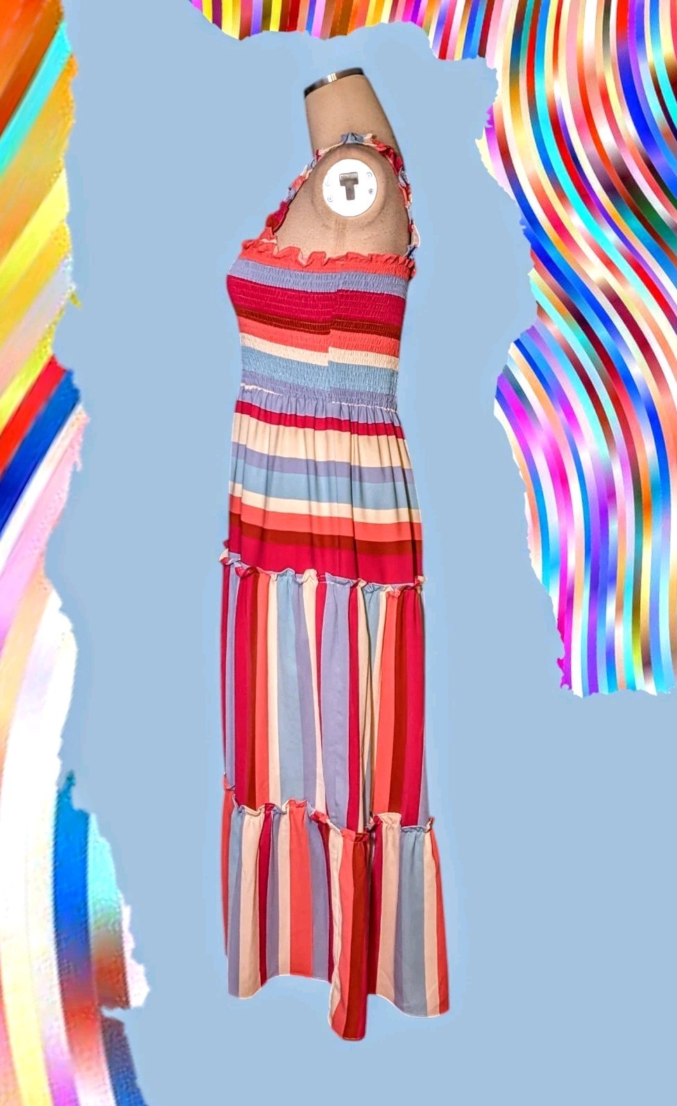 RAINBOW Striped SMOCKED Tank Maxi SUNDRESS Dress Peasant BOHO Women’s Medium