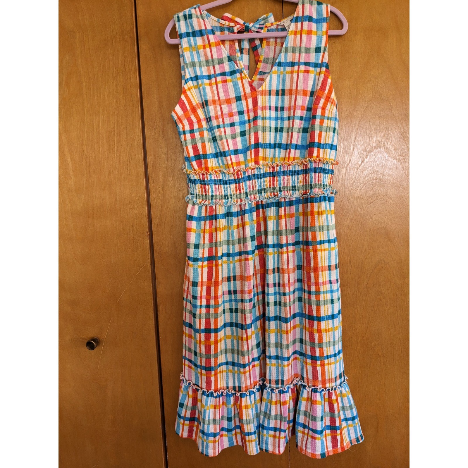 Cato Womens Plaid Seersucker Midi Dress Multicolor Smocked Waist Tie Back 14/16W