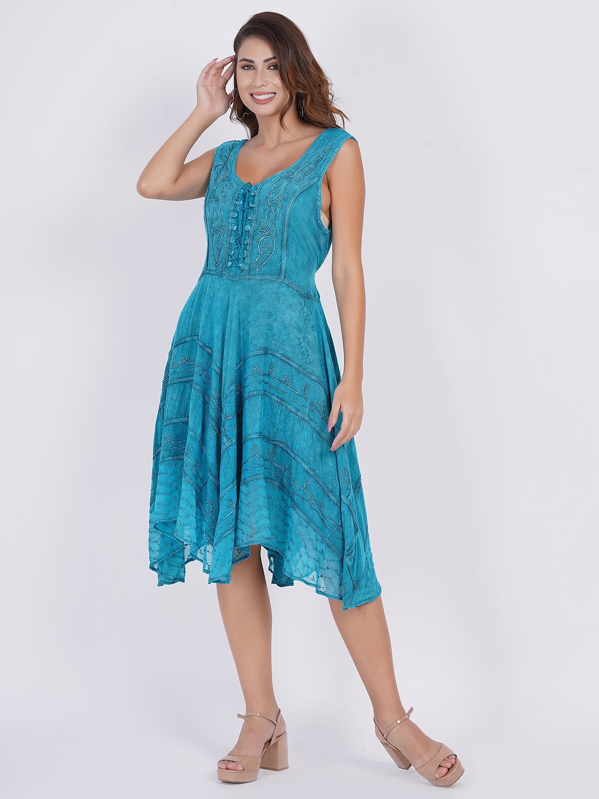 Women’s Zendaya Stonewashed Embroidered Floral Vine Sleeveless U-Neck Dress Mix