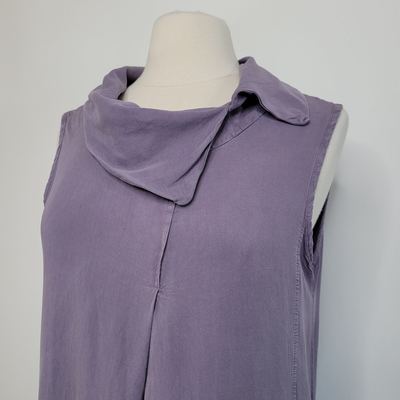 LUUKAA Dusty Purple Midi Shift Dress Size 12 Sleeveless Cowl Pockets Lagenlook