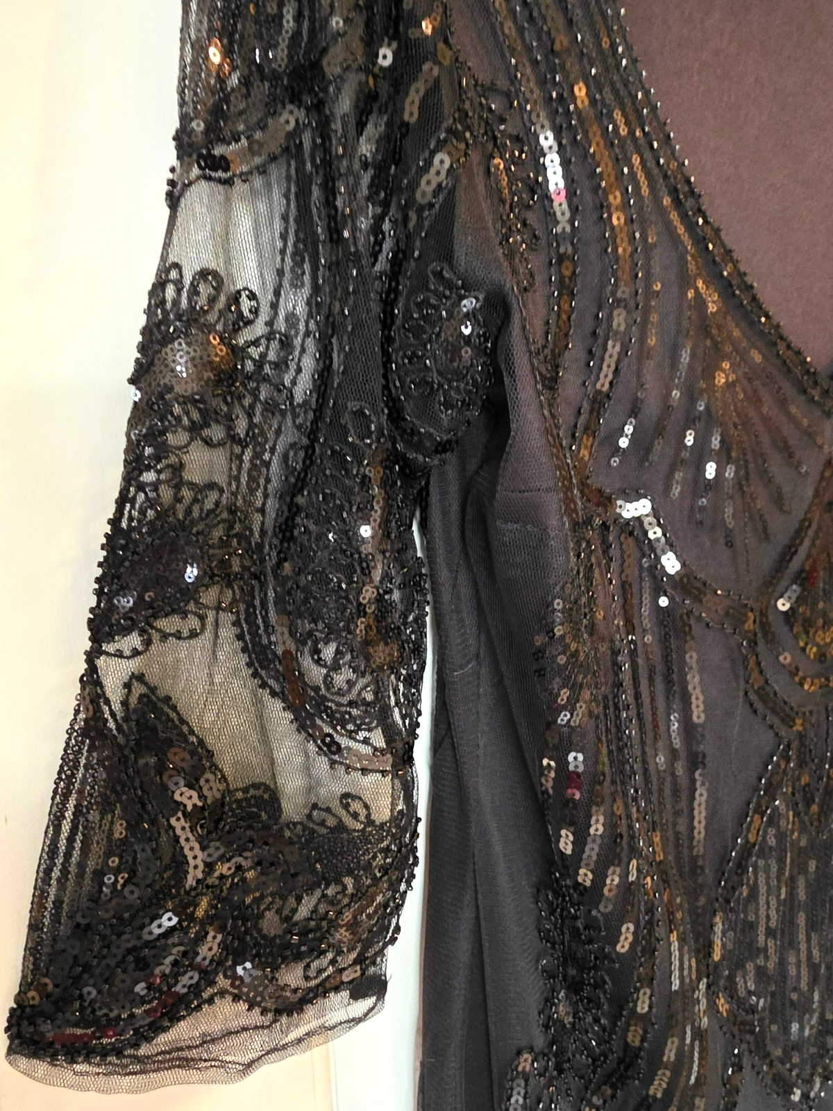 Unique Vintage L 10-12 Black Sequin Beaded Fringe Flapper Dress with Headband