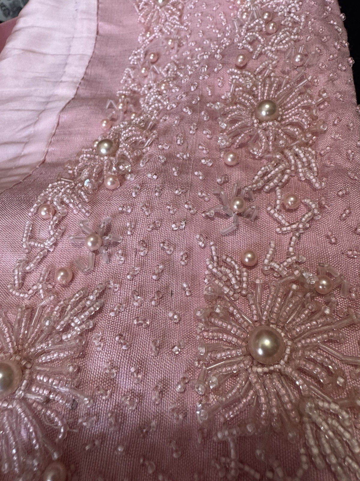 Vintage Pink Hand Beaded Cocktail Dress | Pearls Silk | 60’s Jackie O Glam