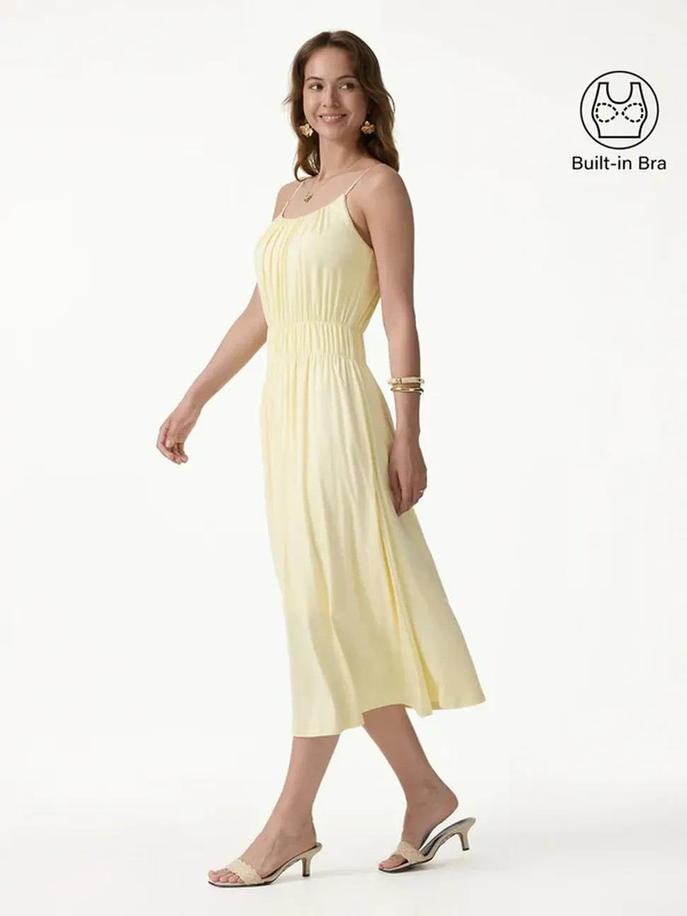 OLG Vacay Gathered U-Neck Spaghetti Midi Bra Dress with Pockets, US Stock