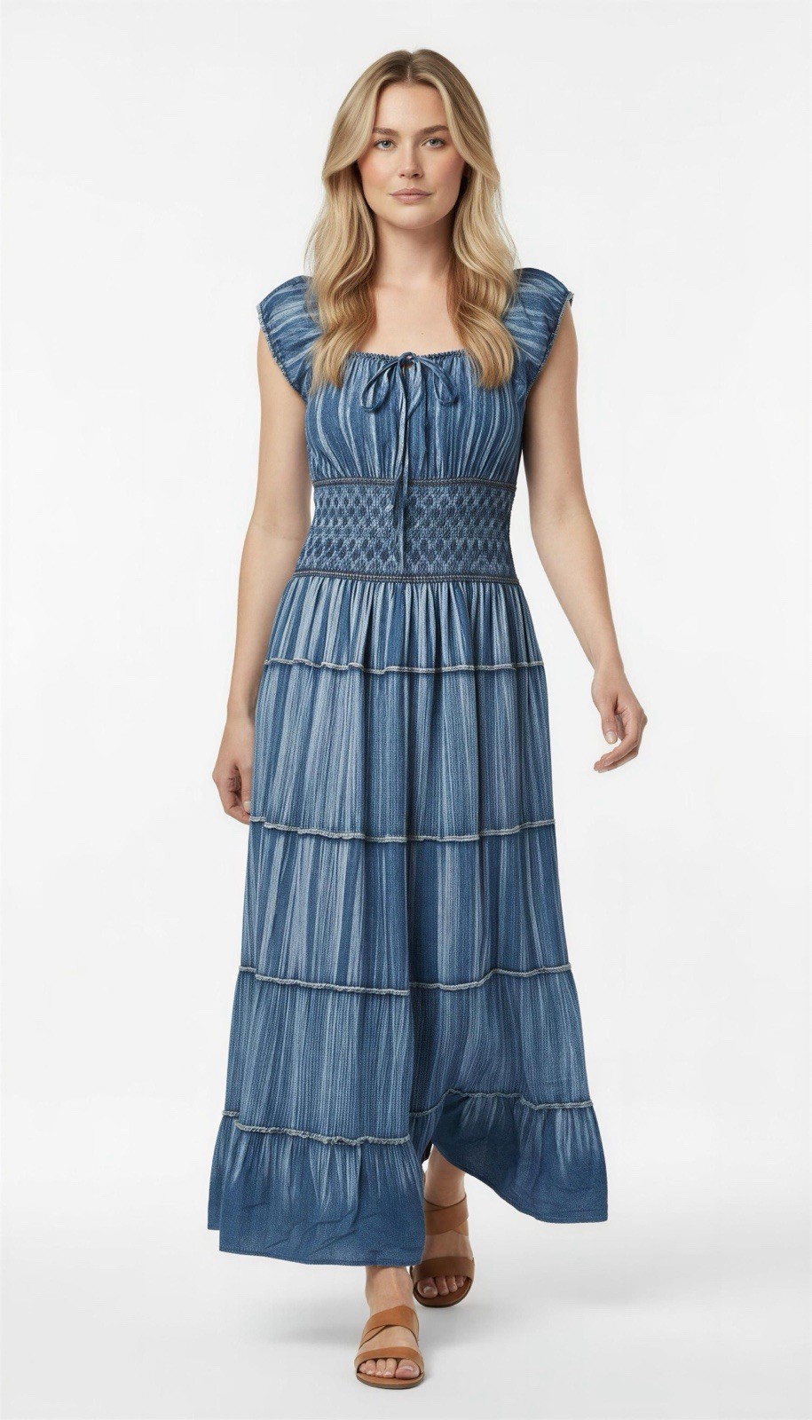 Indigo & Lace Women Boho Fairy Tiered Denim Dress Size 2X Bow smocked NWT