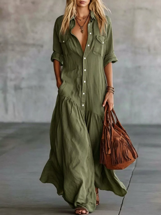 Women Boho Button Down Maxi Dress Loose Flowy Long Shirt Dress Pockets Tunic