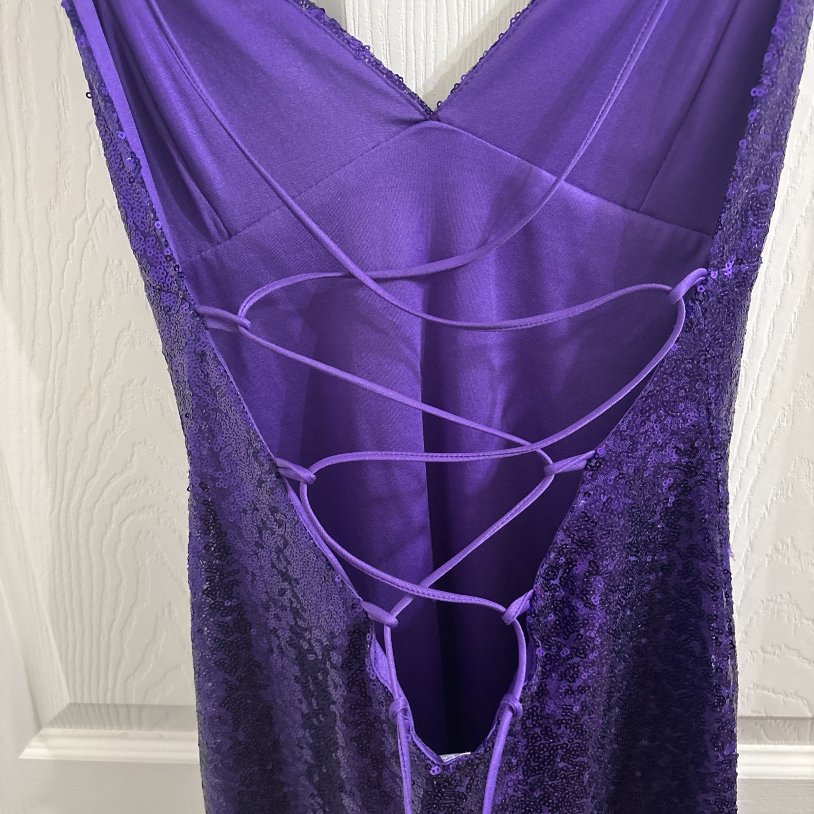 Lucy In The Sky Purple Sequin Spaghetti Strap Lace Up Back Medium Mini Dress