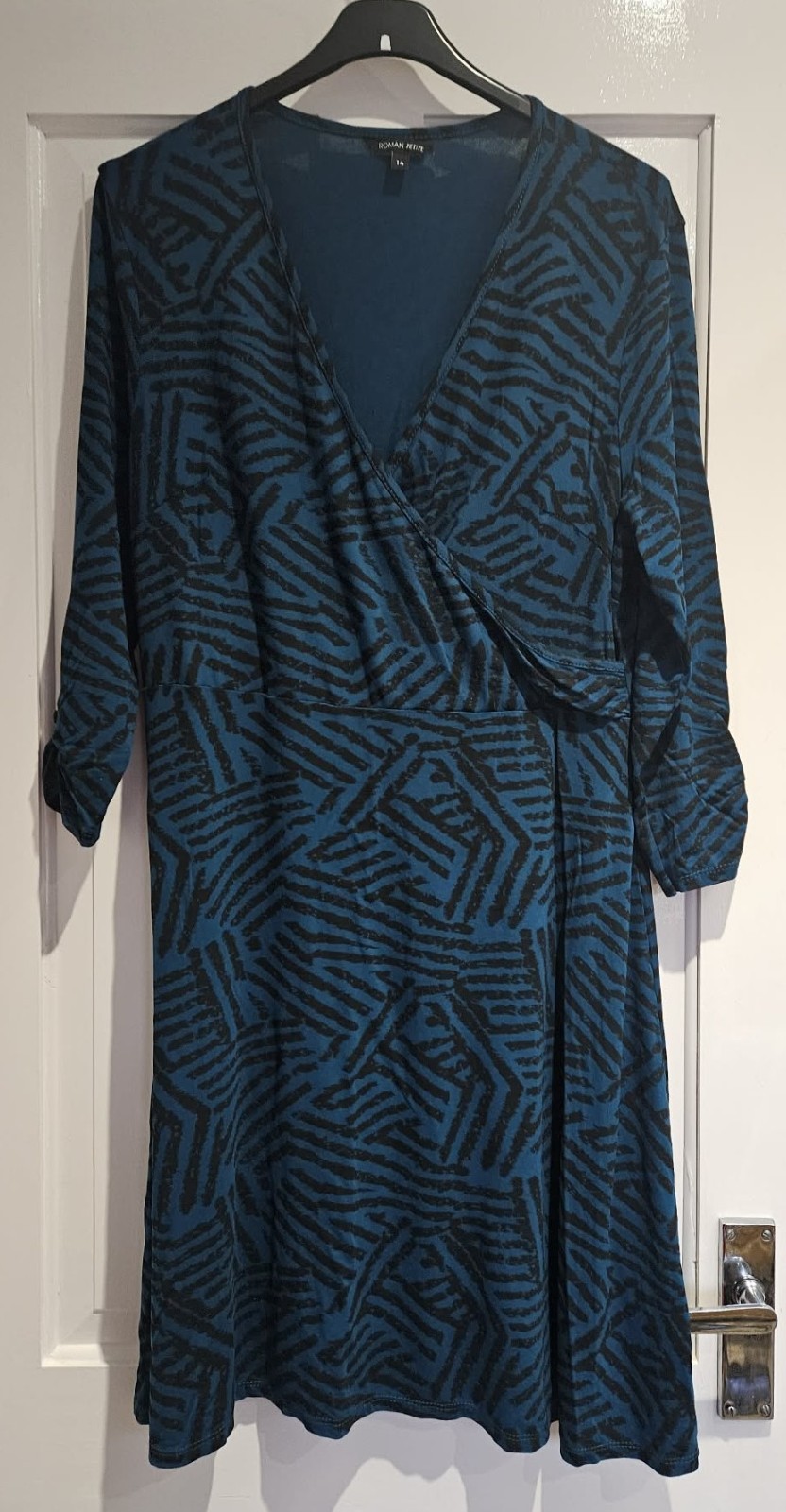 Roman Wrap Dress Size 14 Petite Stretch Blue Pattern Knee Length Smart Casual
