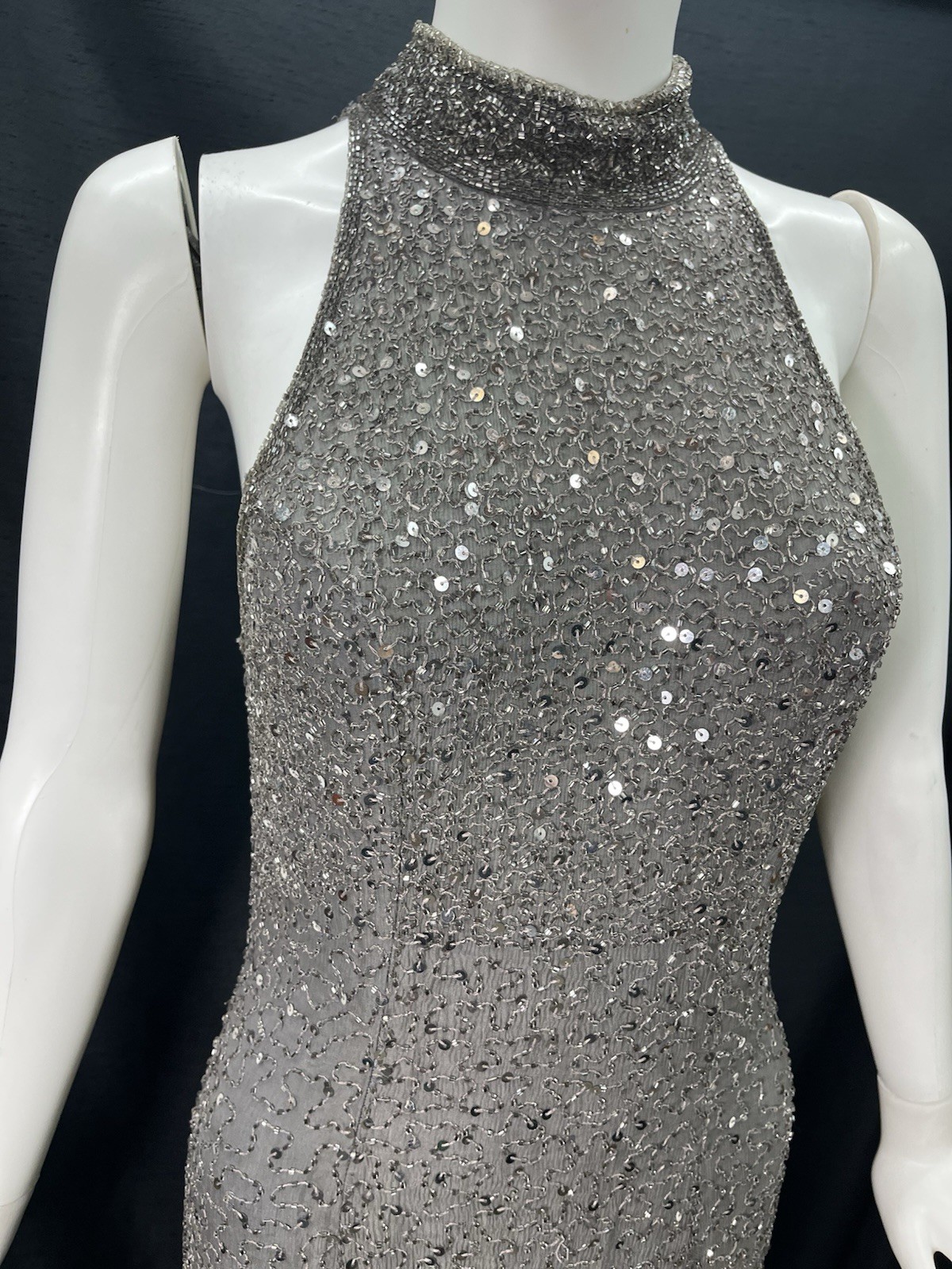 Creative Creations Beaded Silk Gown Dress Gray Sleeveless Long Sz Like S Heavy