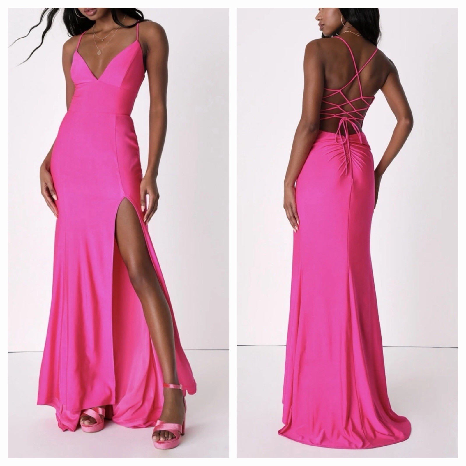 LULUS Divine Desires Hot Pink Satin Lace Up Back Mermaid Maxi Dress size S NWT
