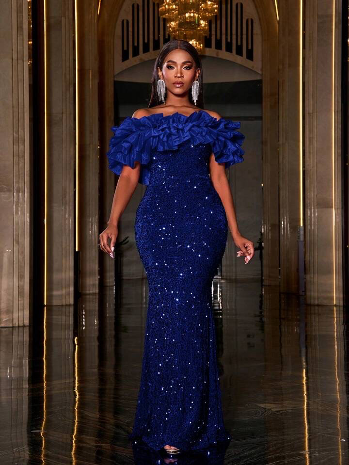 Layered Ruffle Trim Off Shoulder Sequin Mermaid Dress