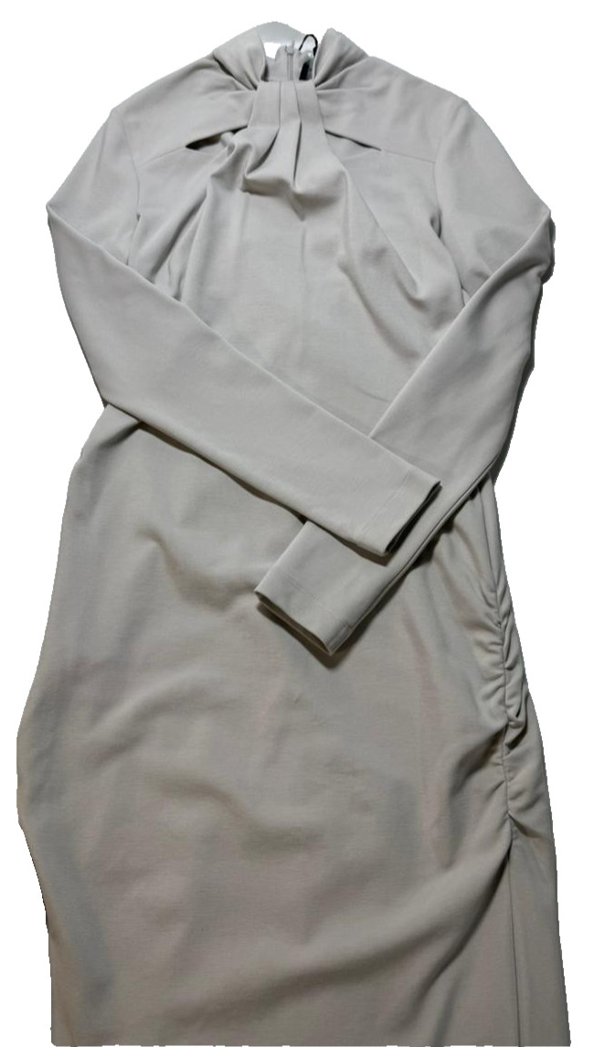 Bnwt Giorgio Armani Size 44 Ruched Long Sleeve Midi Dress High Neck Tie Detail
