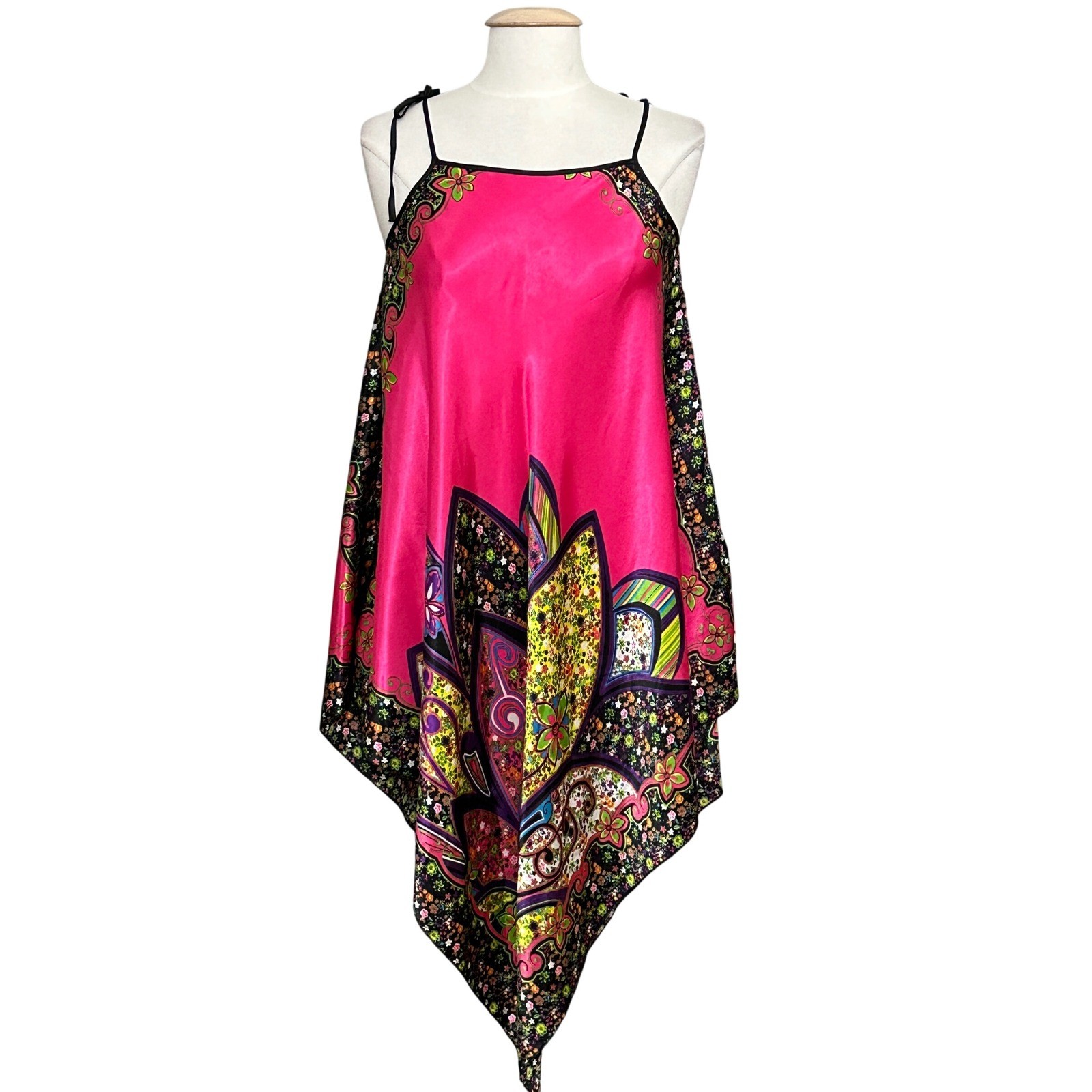 Boho Festival Hot Pink Floral Paisley Scarf Print Handkerchief Hem Satin Dress M