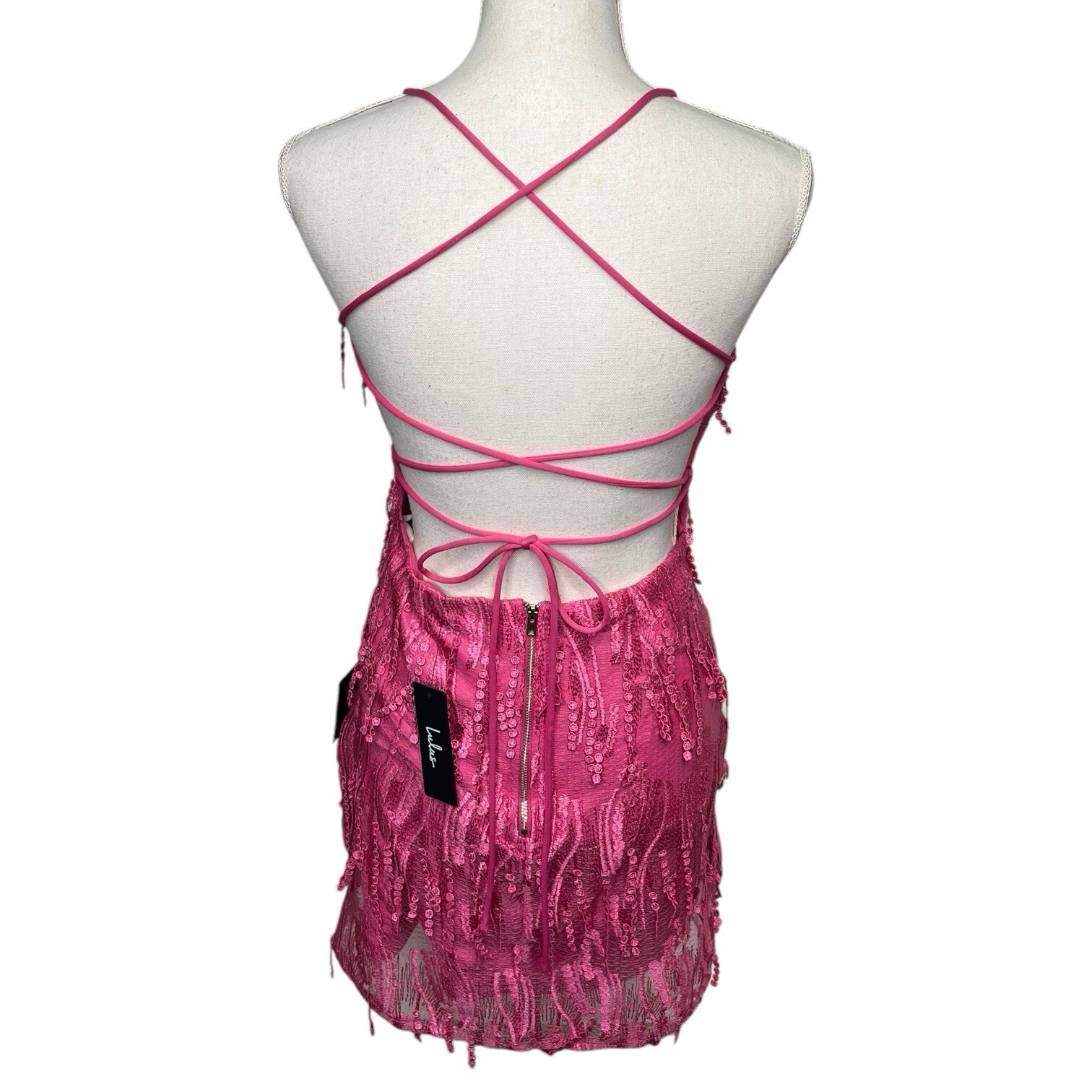 New Lulus Dress Womens M Making Magic Fringe Lace Up Mini Overlay Bright Pink