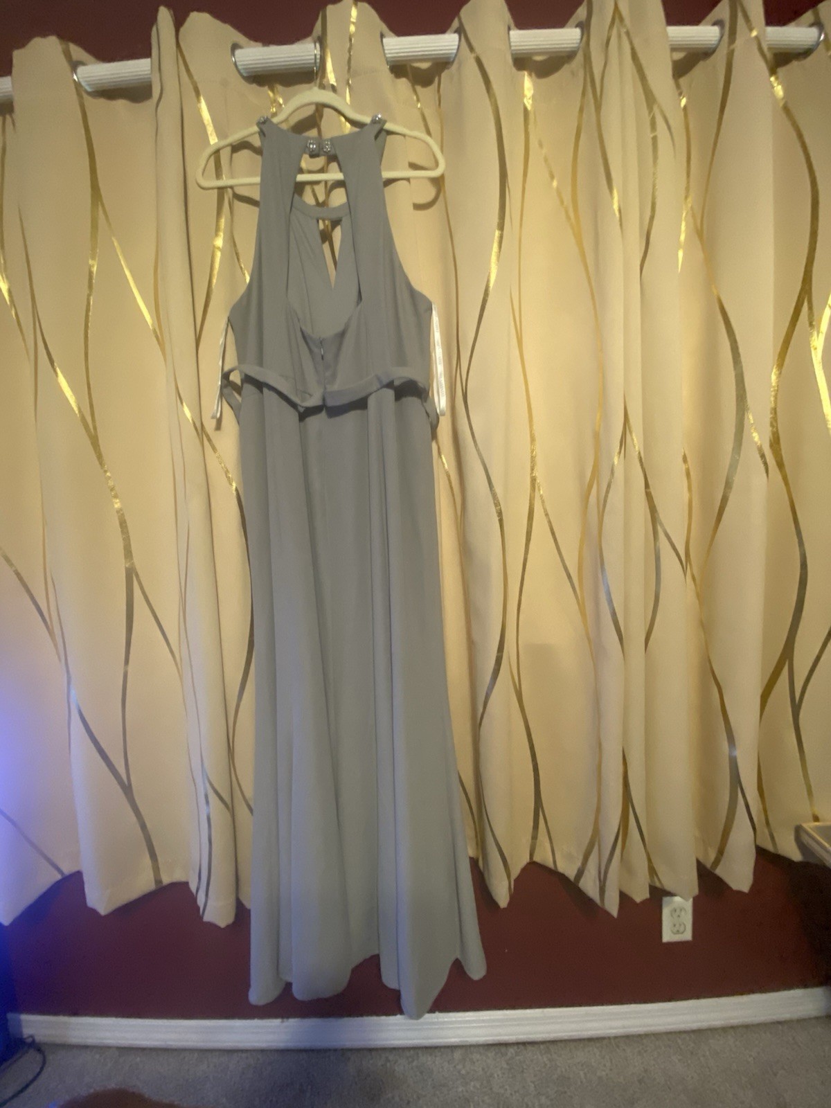 David’s Bridal Mercury Chiffon Halter Maxi Dress Size 22 Rhinestone Lined