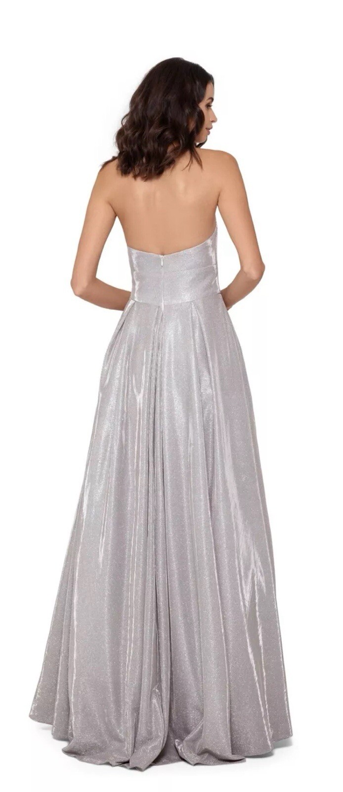 BETSY & ADAM Strapless Shimmer Champagne Silver Long Formal Prom Wedding Dress 6