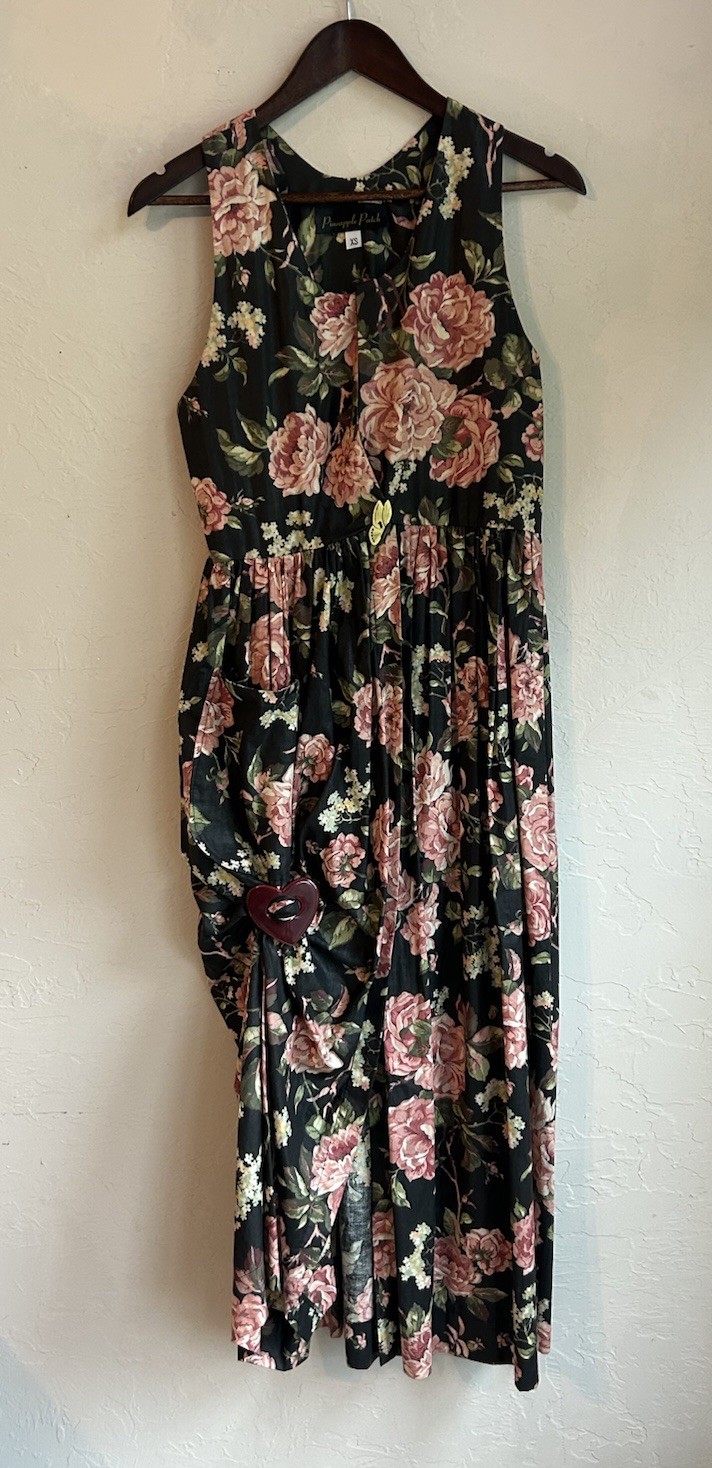 Vintage 80s 90s Pineapple Patch Overall Dress XS Midi Asymmetrical Cottagecore