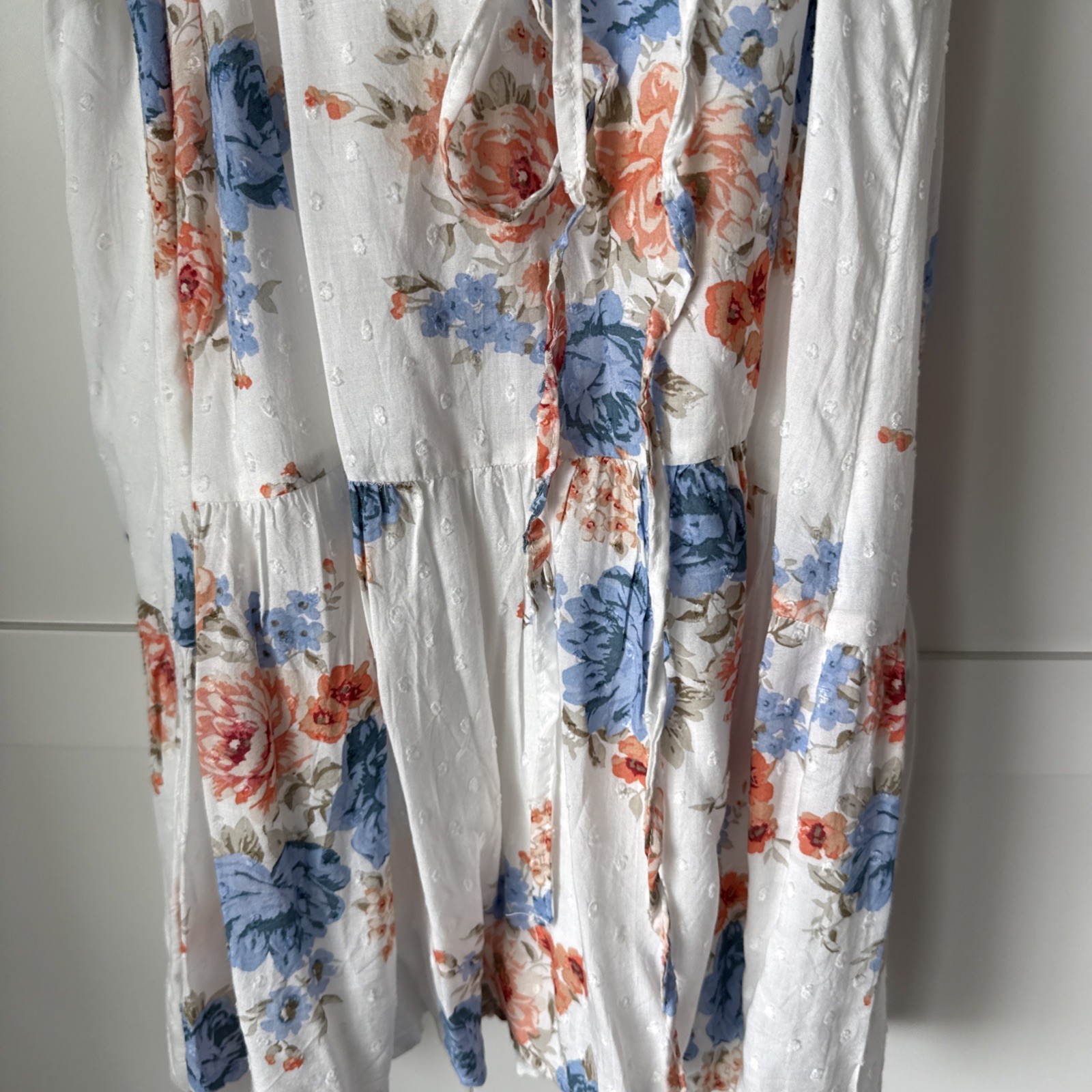 LOFT – White Floral Dress – XL – Lined – Orange and Blue Floral – Drawstring Ned