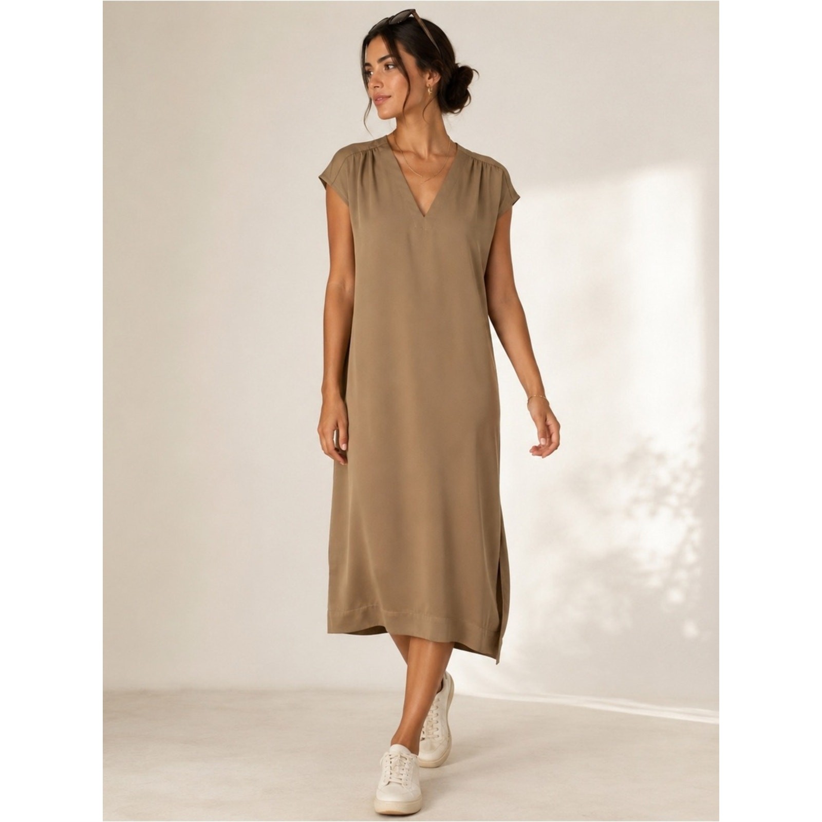 SSYS The Label | Light Mocha Midi Shift Dress V Neck Cap Sleeve Minimalist Small