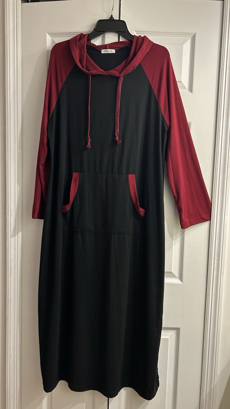 Ekouaer Black & Rose’ Maxi Hoodie Beach Dress~Pockets~44″ bust~52″ long~Slits~L