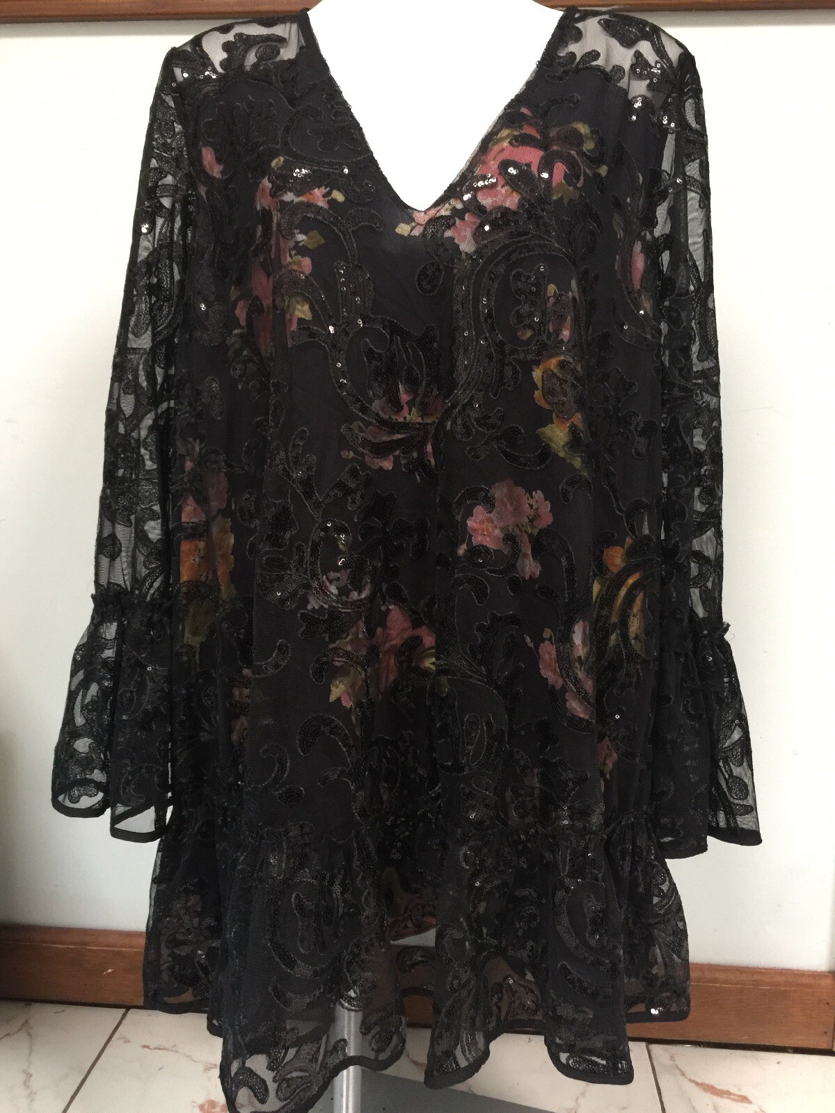 Free People Falling Flowers Frock Mini Dress Pink Black Sequins