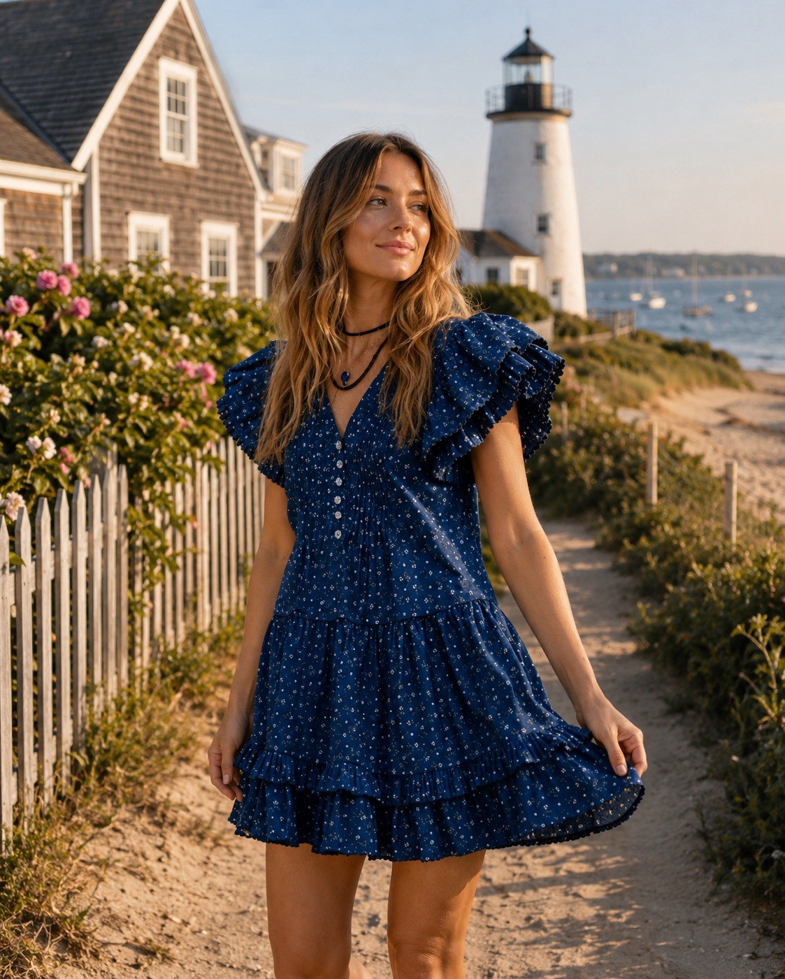Hunter Bell Virginia Mini Dress SMALL Navy Blue Floral Ruffles Flutter Sleeves