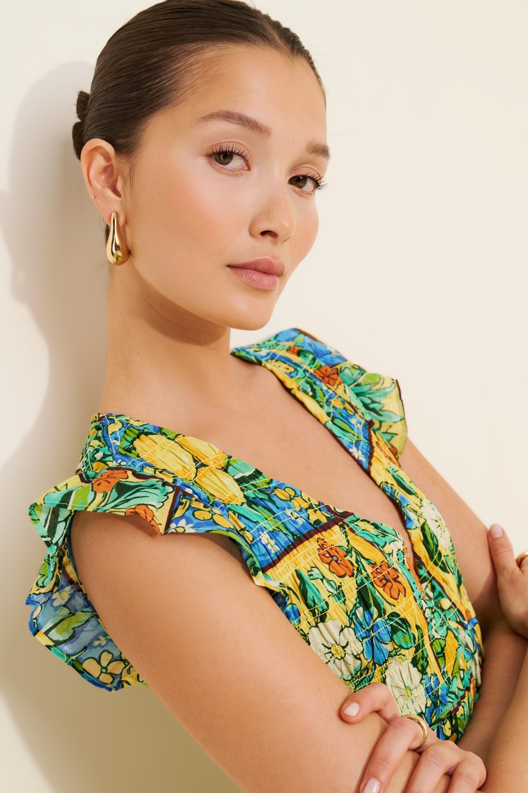 Anthropologie Peregrine Flutter Sleeve Midi Dress Citrus Floral Tile Print XXS