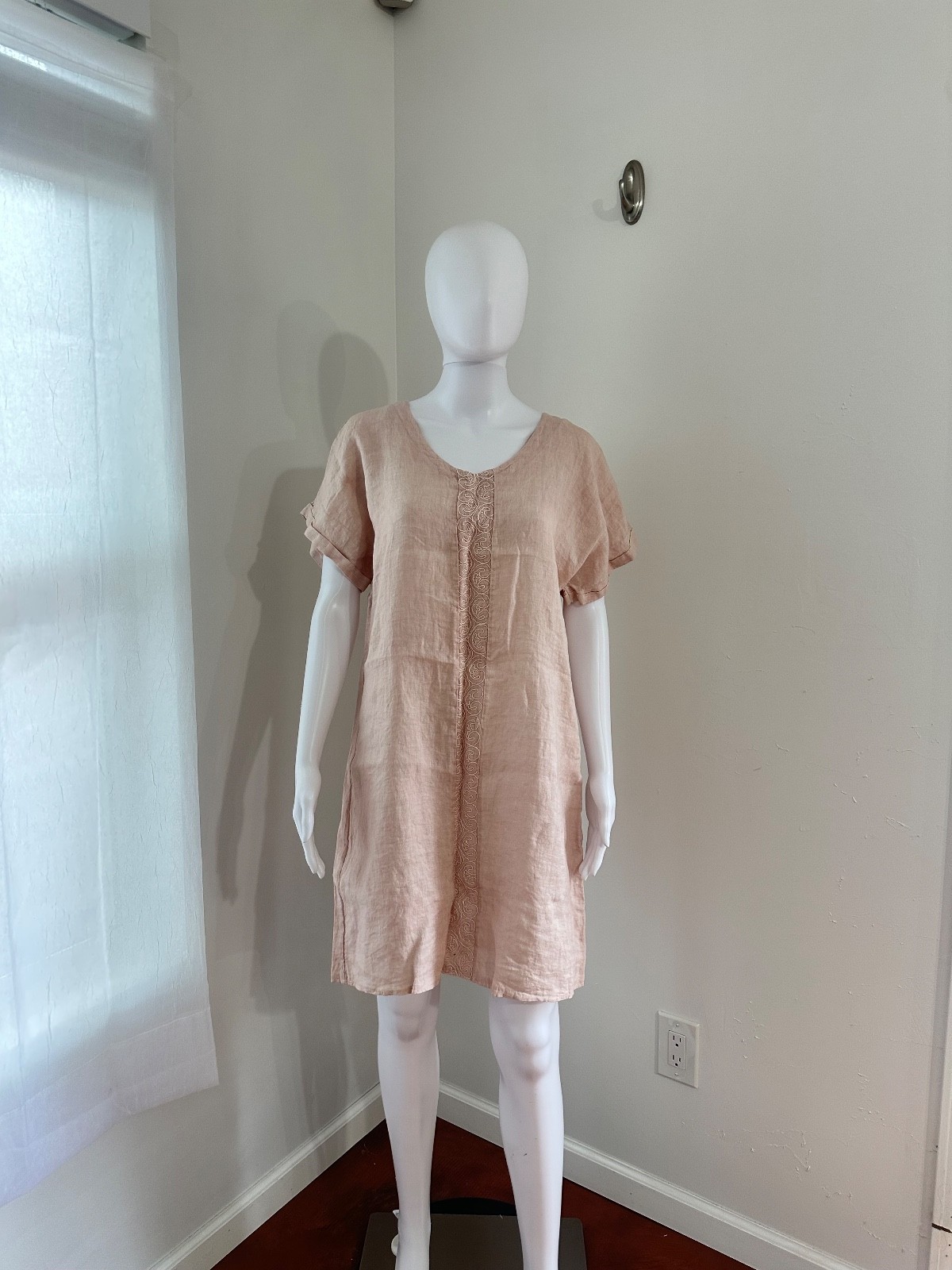 Valentina Naldi Dress Womens L Pink Linen Shift Short Sleeve Lightweight Travel