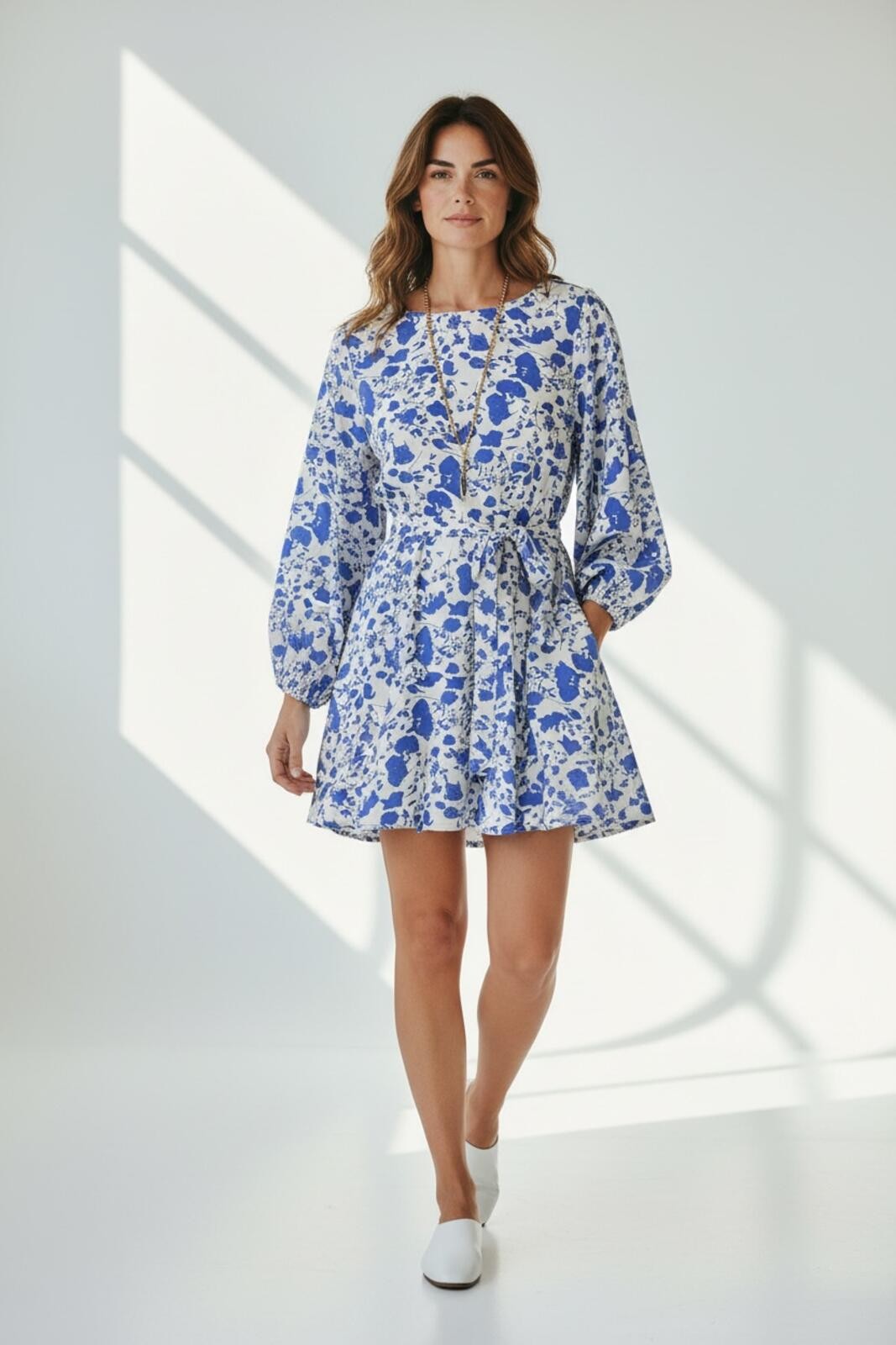Shop the Mint Blue and Ivory Floral Long Sleeve Tie Waist Mini Dress Size S