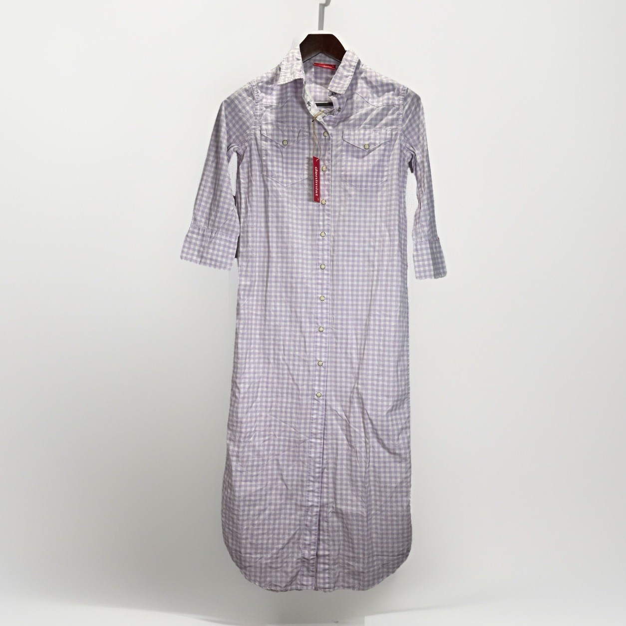 NWT Denimist Cowboy Maxi Dress Gingham Lilac Womens Size XS Western Pearl Snap