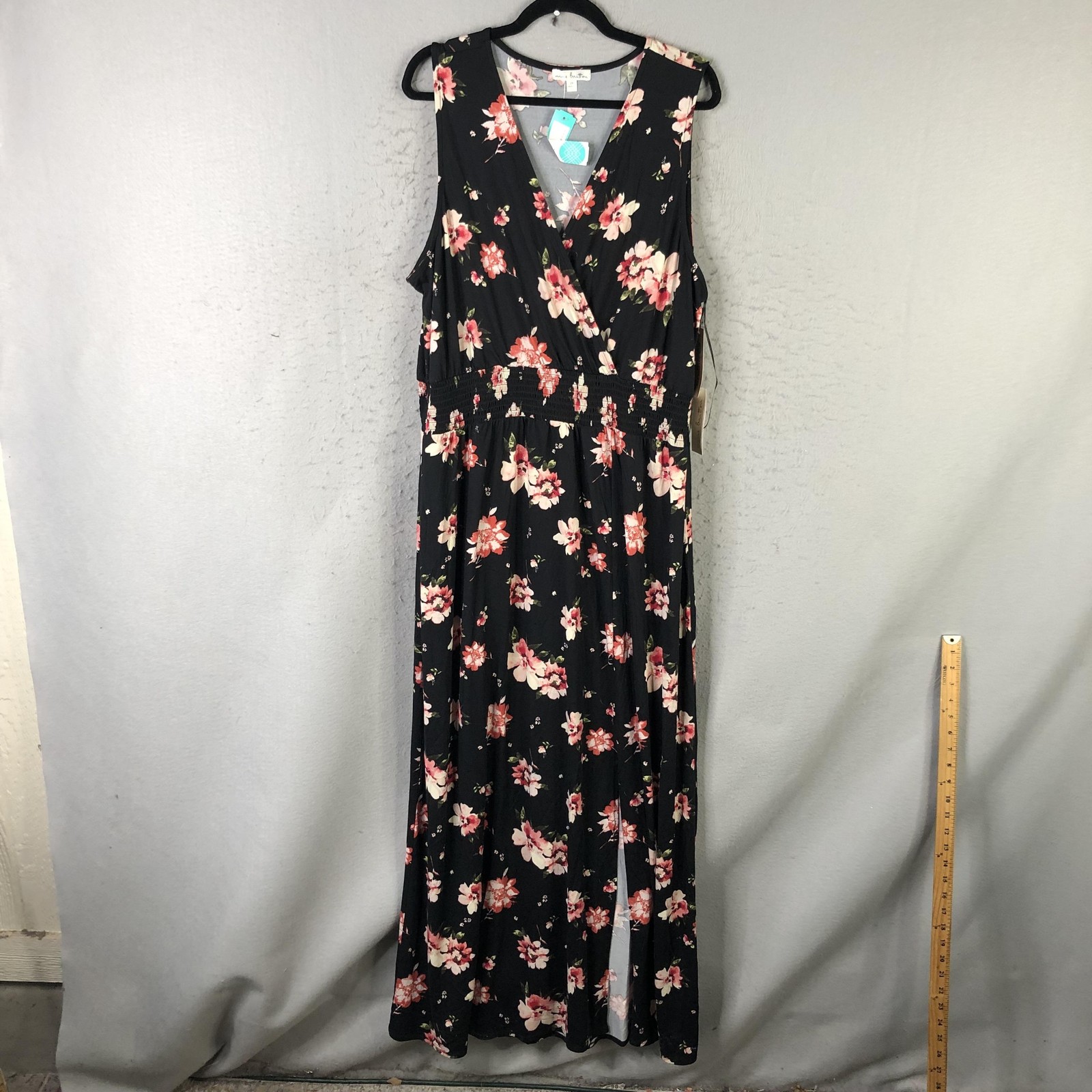 Nine Britton Rosaline Knit Maxi Dress Womens 2X Black Floral Smocked Stitch Fix