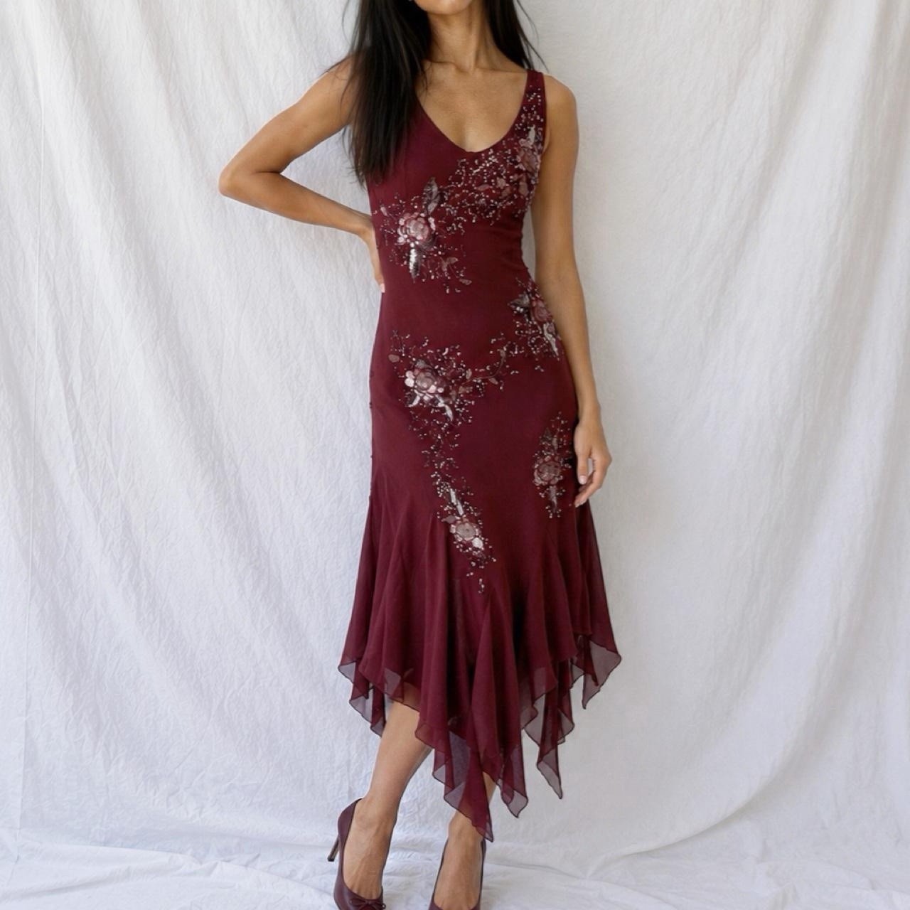 Vintage Whimsy Fairycore 100% Silk Sequin Dress, Hankerchief Midi, Size Medium