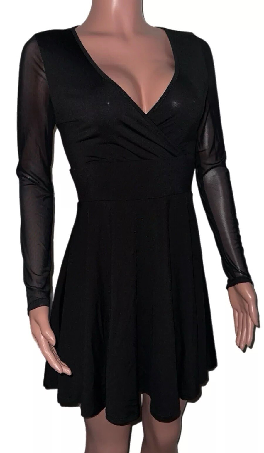 Sexy Black S Sheer l/S Faux wrap skater style mini dress new Party Clubwear date