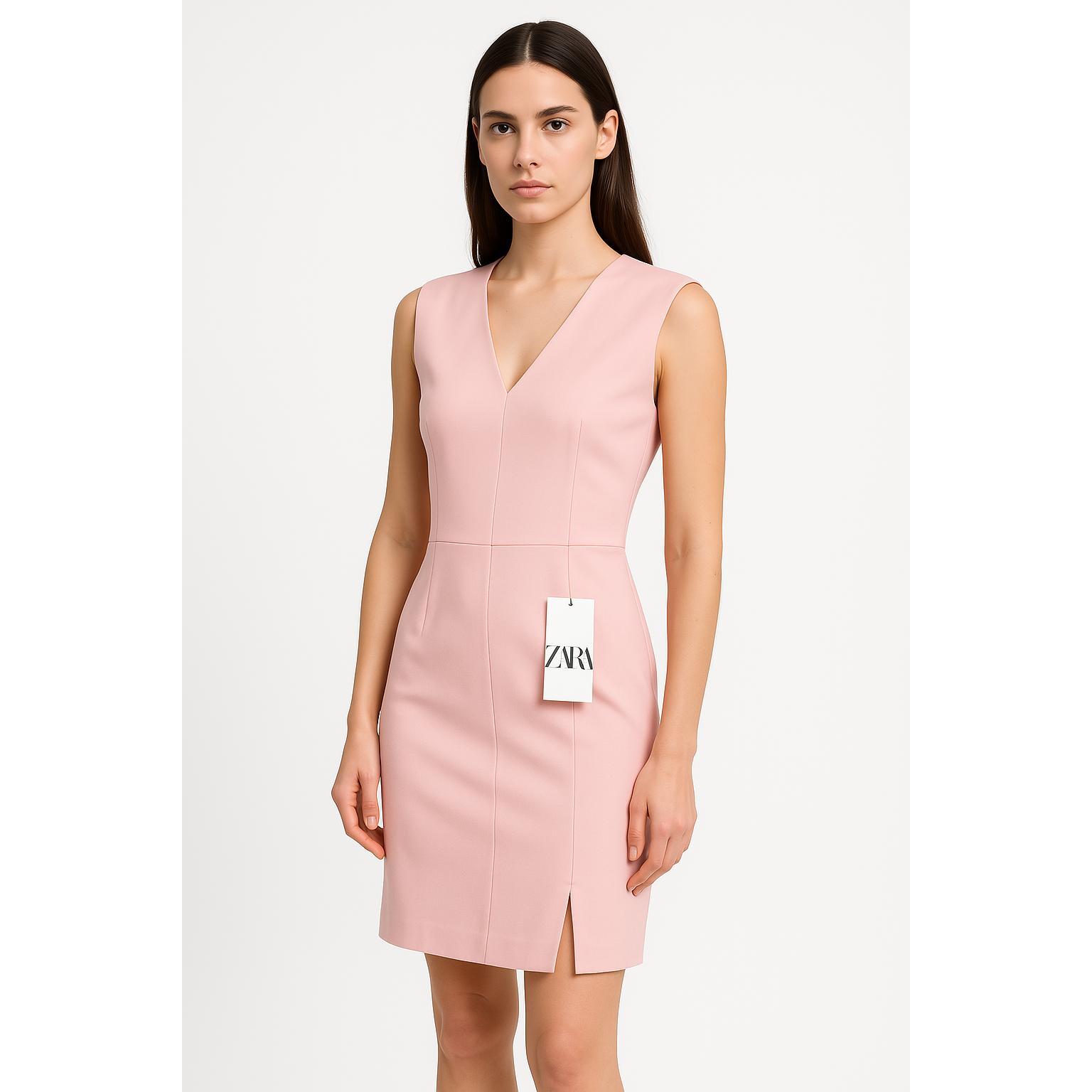 Zara Pink Sleeveless V-Neck Mini Sheath Dress with Front Slit Size M NWT