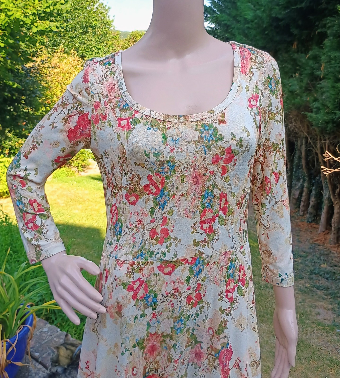 Peruvian Connection Antique Cream Vintage Floral Print Jersey Midi Dress Size S