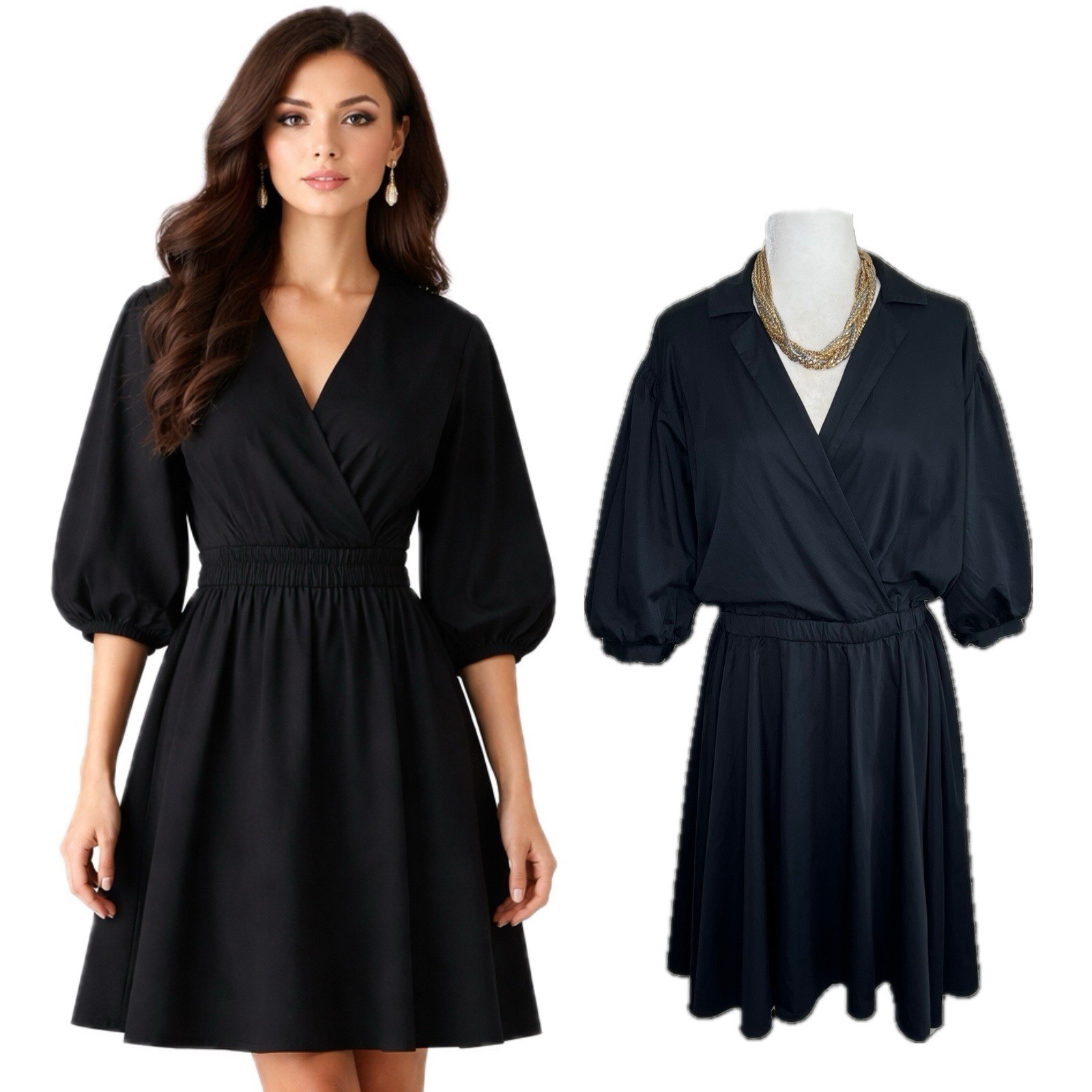 Club Monaco Dress Collared A Line Cotton Blouson Puff Sleeves Black 8 Medium M