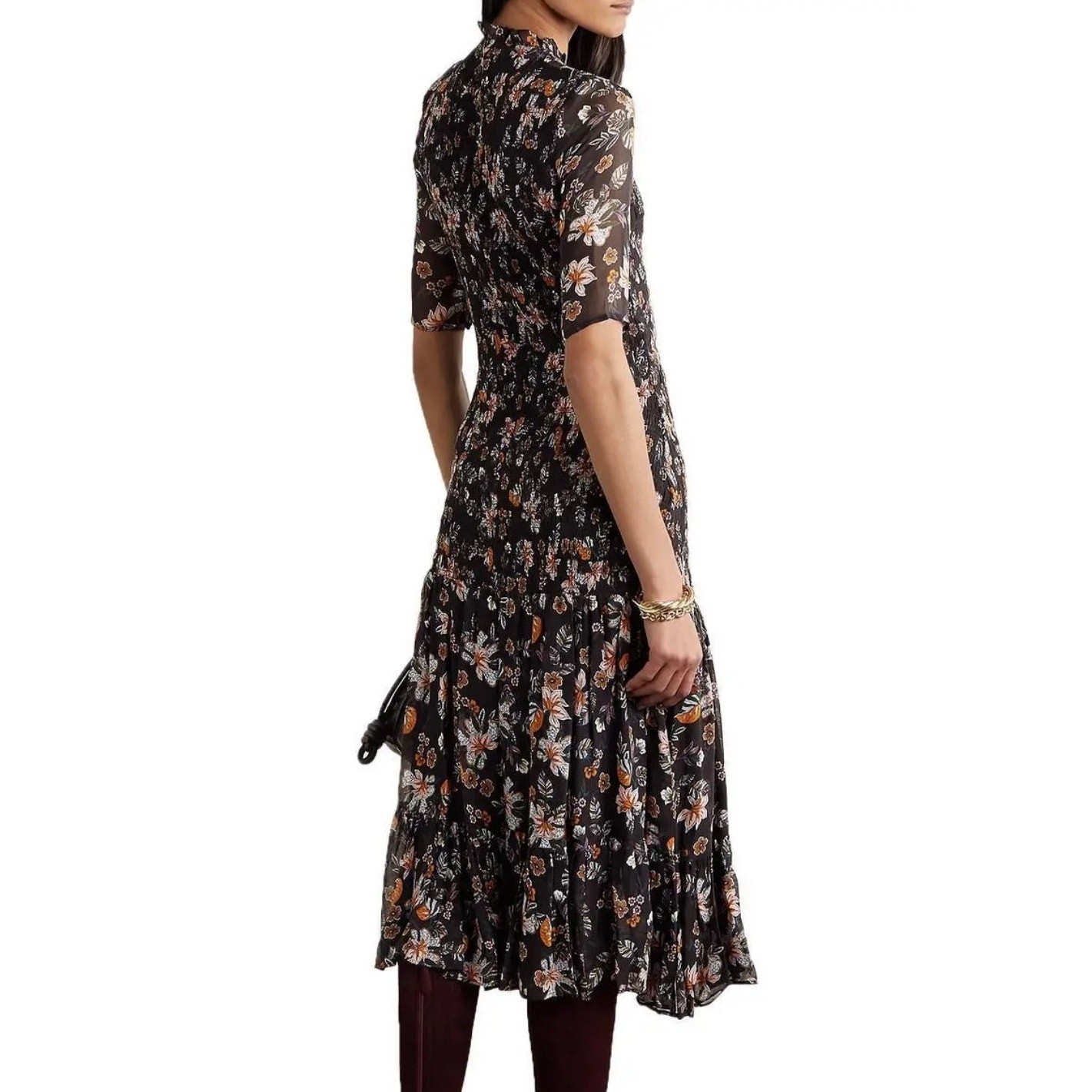 Veronica Beard Gabi Black Floral Chiffon Drop Waist Smocked Midi Dress SIZE 6