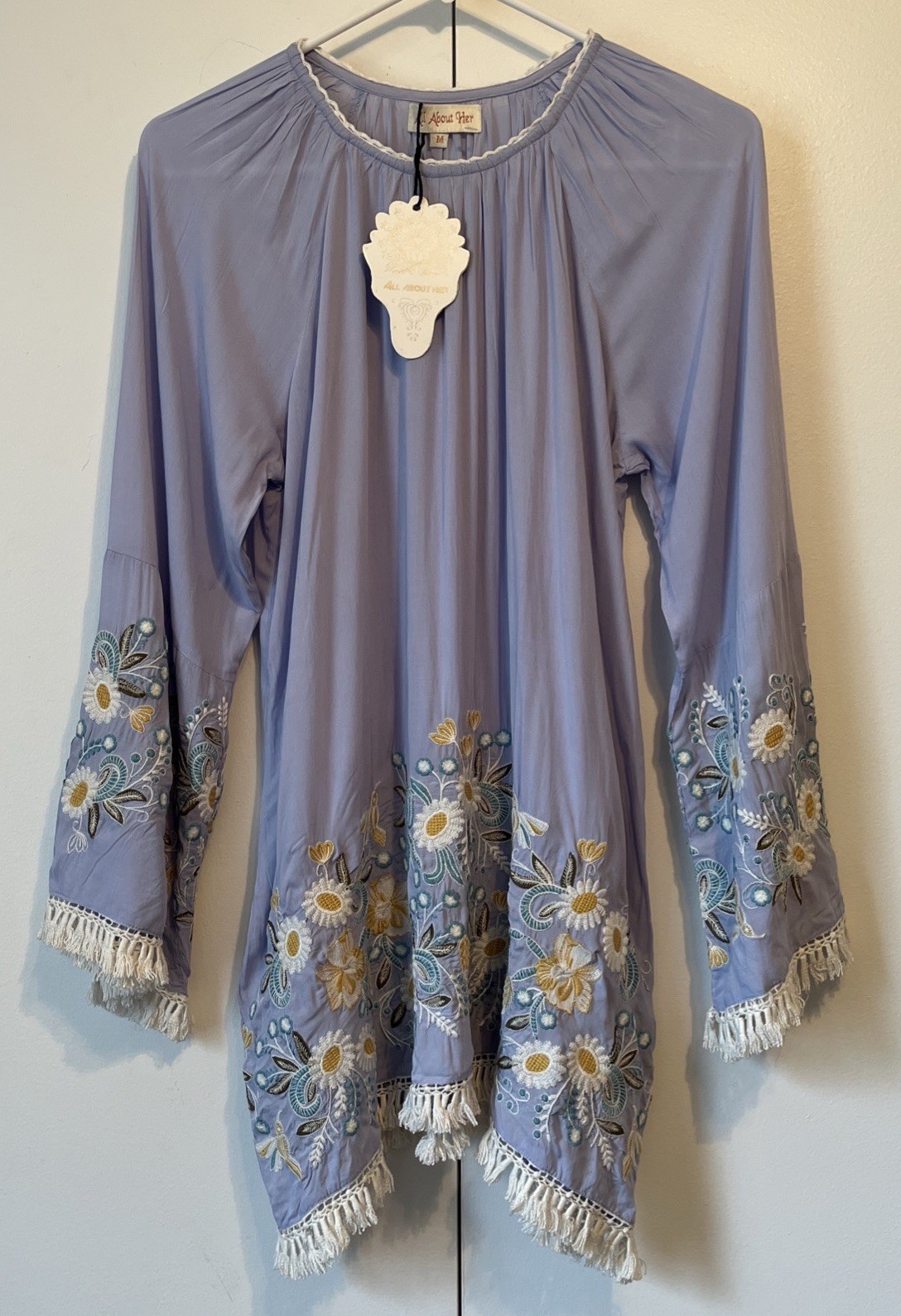 All About Her Womens M Boho Dress Embroidered Tassel Fringe Blue Fringe NEW