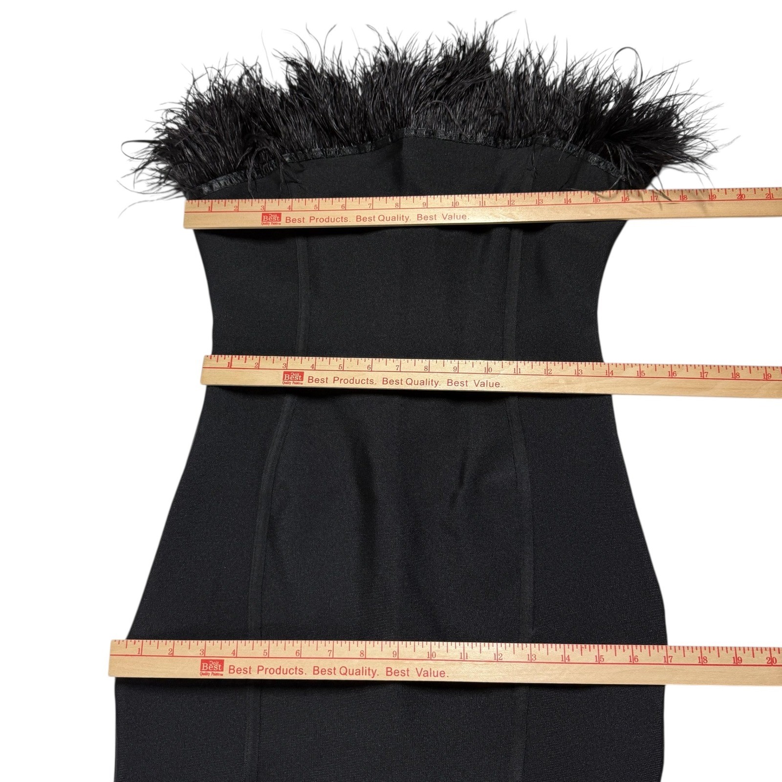 Black Feather Trim Strapless Silhouette Bodycon Dress Size L Dramatic Edgy
