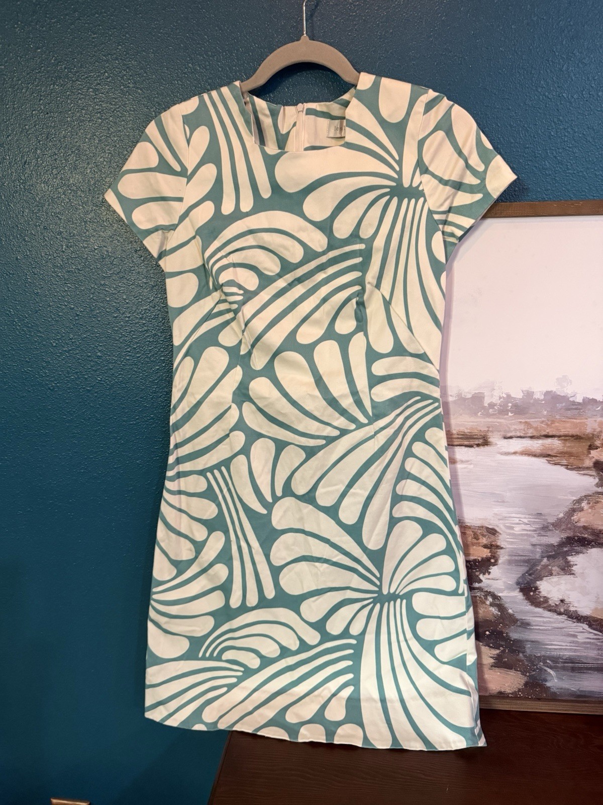 Green white floral cotton blend LESLEY EVERS cap sleeve sheath dress small EUC