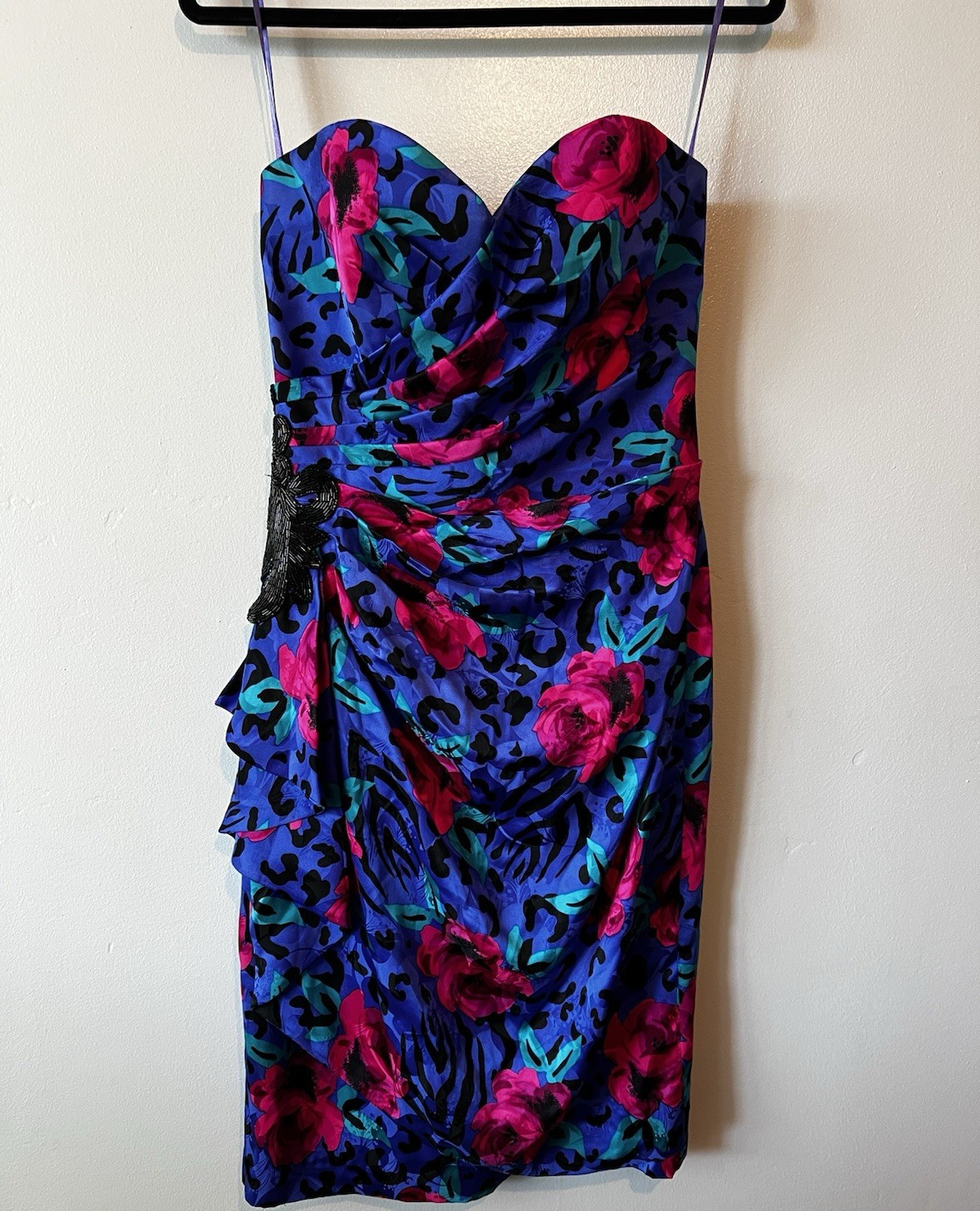 Vintage party dress A.J. Bari Dress Strapless Silk Satin Ruched Beaded Floral 10