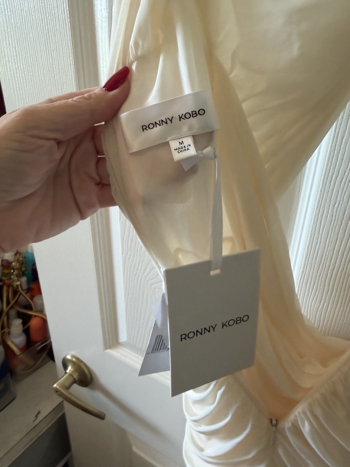 Ronny Kobo Ivory Ruched Cutout V-Neck Sleeveless Long Gown Dress Women’s M