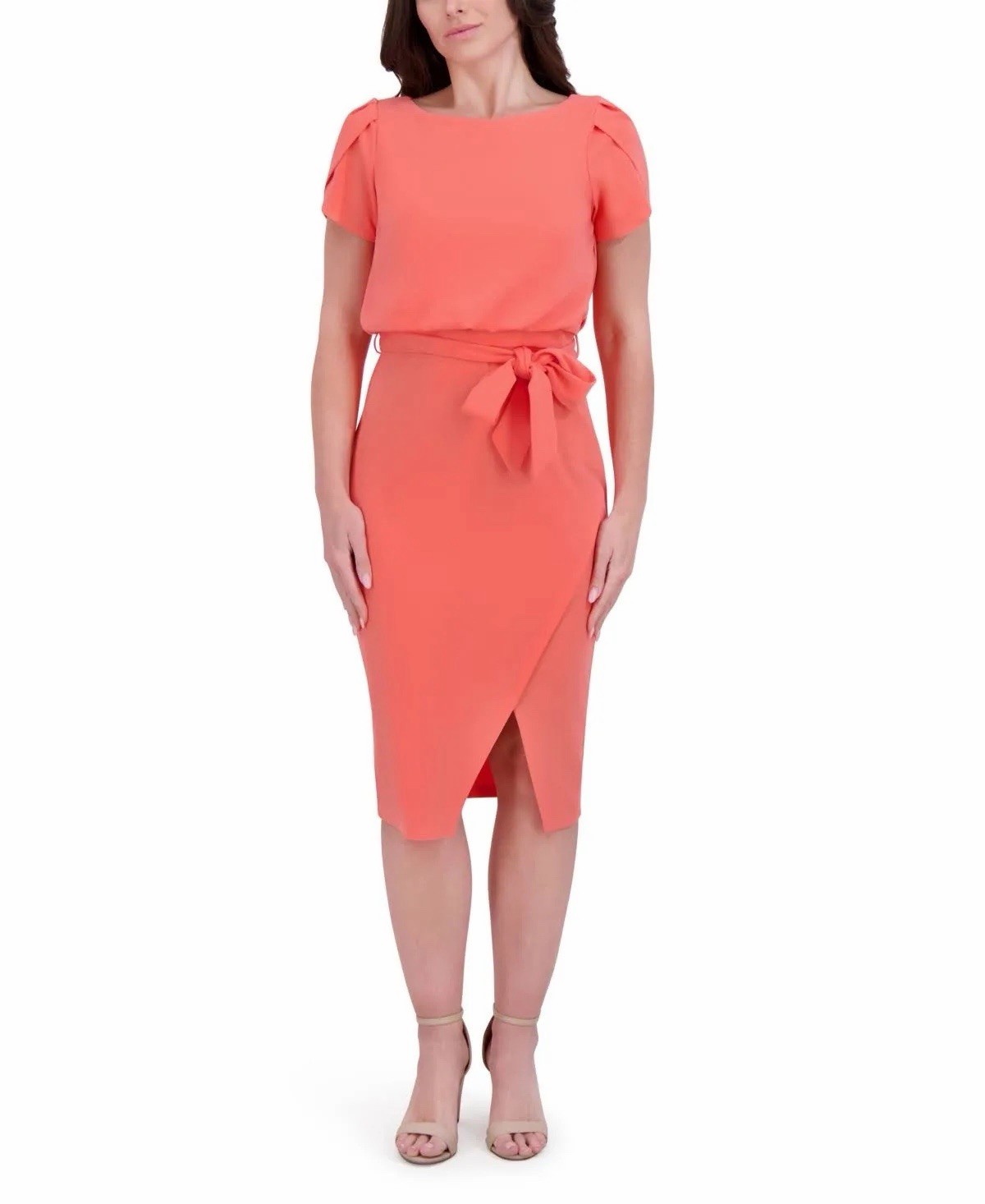 Kensie Women’s Cinched Tulip-Sleeve Tie-Waist Sheath Dress Coral Pink 16