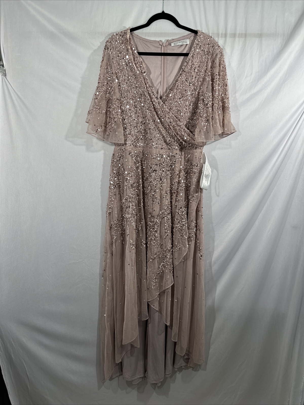 NWT $498 Mac Duggal [ 14 ] Sequined Butterfly Sleeve High Low Gown Lilac #G1932