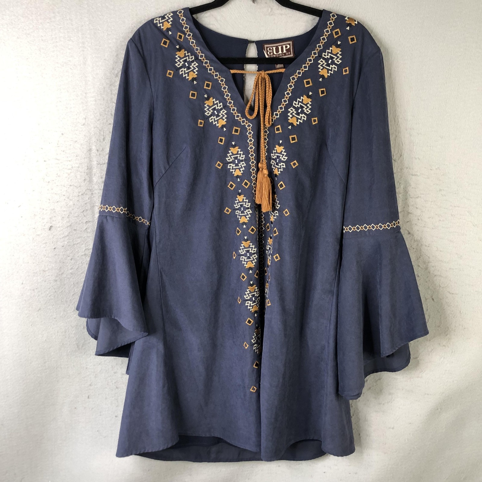 Cowgirl Up Dress Womens L Blue Embroidered Bell Sleeve Western Boho Shift Tassel