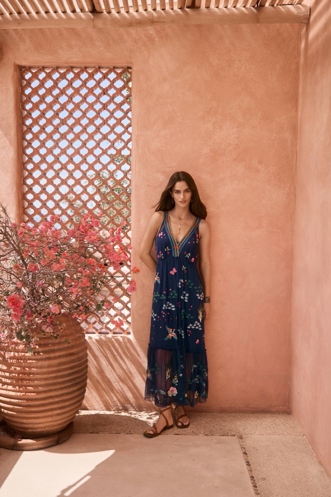 NWT $425 Johnny Was blue nights Zinoviah Mesh Dress & Slip embroidered floral S