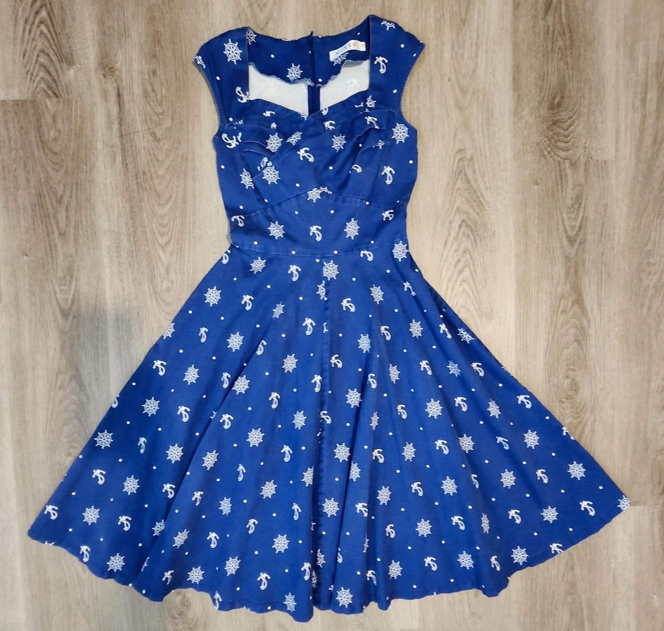 MUXXN Boutique Dress S Royal Blue Nautical Anchors Fit Flare Sailor Pin Up Retro